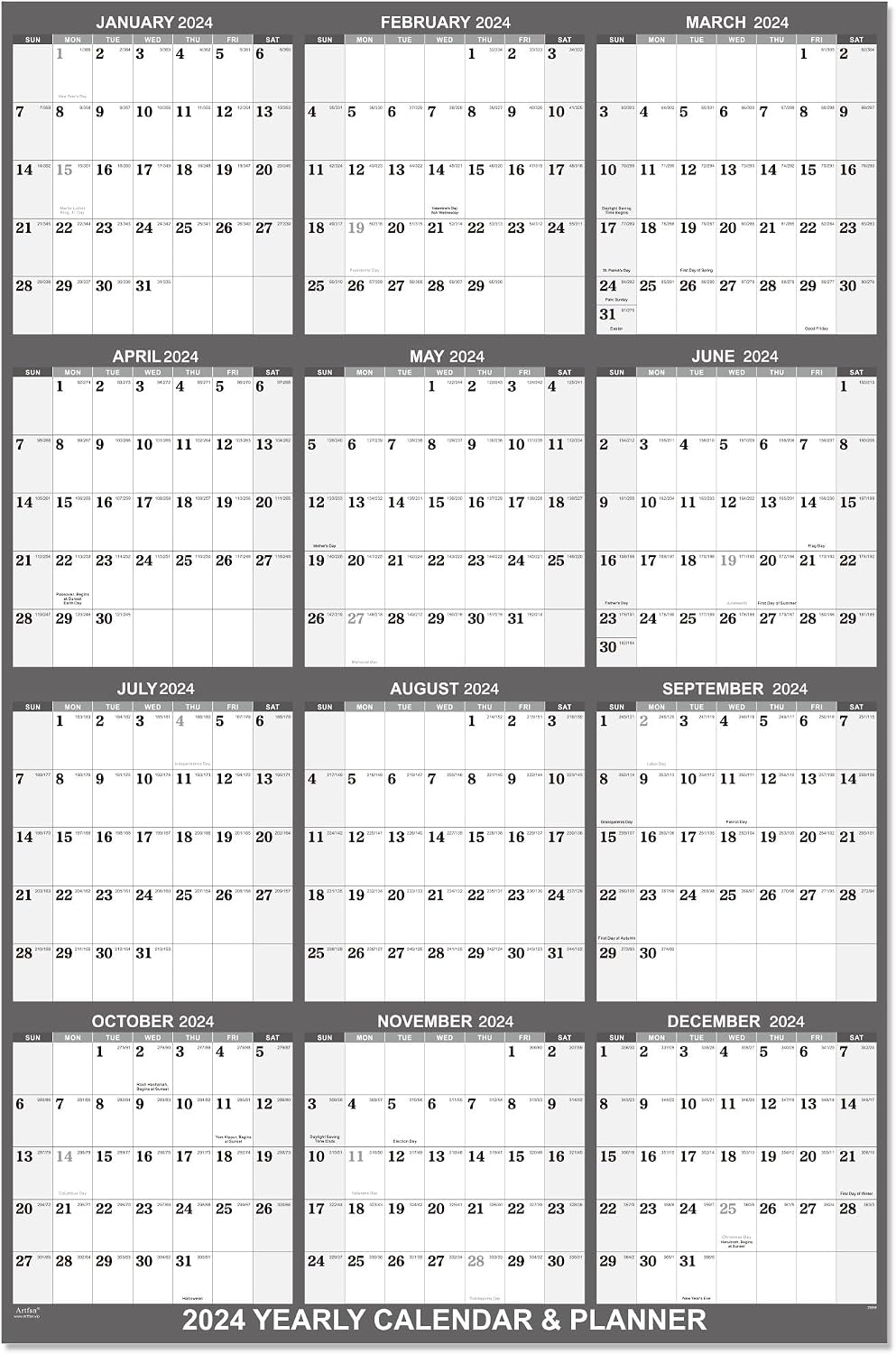 2024 Yearly Wall Calendar - 2024 Wall Calendar with Julian Date, Jan 2024 - Dec 2024, One Page for Organizing, Premium Thick Paper, Vertical, Gift Pocket, 34.8" x 22.8" (Open) - Grey