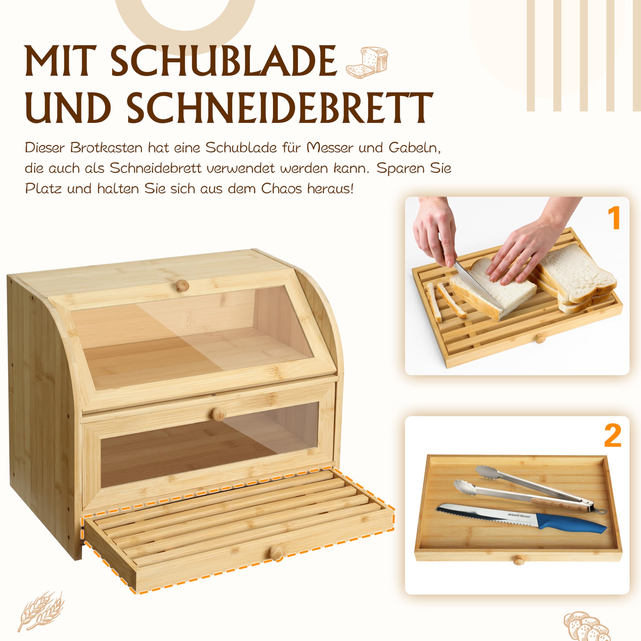 Ribelli Bambus Brotkasten mit 2 Etagen und Schublade, Großer Brotbehälter mit Brotschneidebrett, Holz Brotbox mit Deckel, Lebensmittelecht Brotaufbewahrung