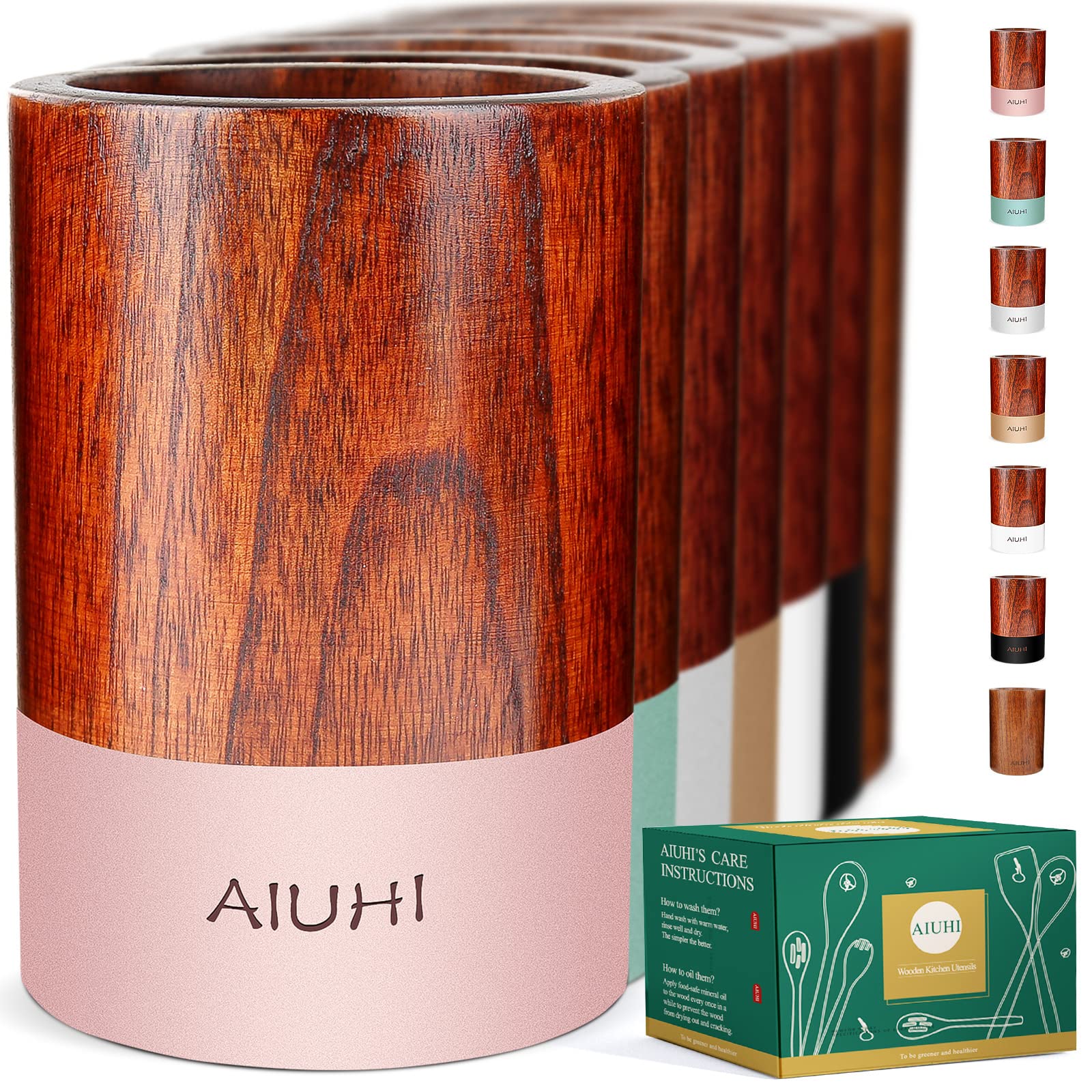 AIUHI Wood Cooking Utensil Holder for Countertop,Teak Crock Organizer Caddy, Wooden Holder for Kitchen Utensils,for Spoons Spatula Straw Cutlery Accessories Utensils Storage Pink