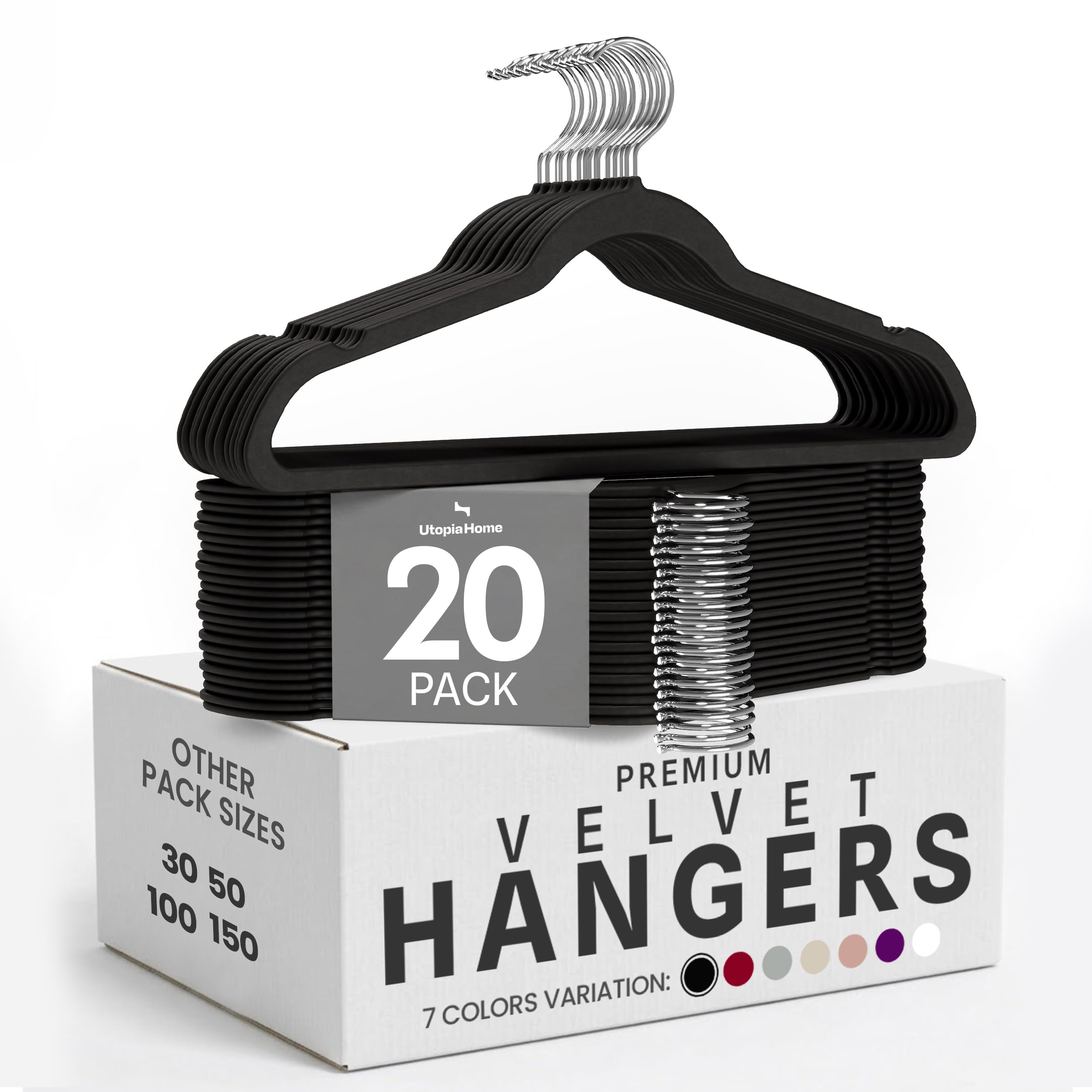 Utopia Home Velvet Coat Hangers Adult - Heavy Duty Velvet Clothes Hangers - Premium Non-Slip Hangers for Clothes - 360 Degree Swivel Hook - Black, Pack of 20
