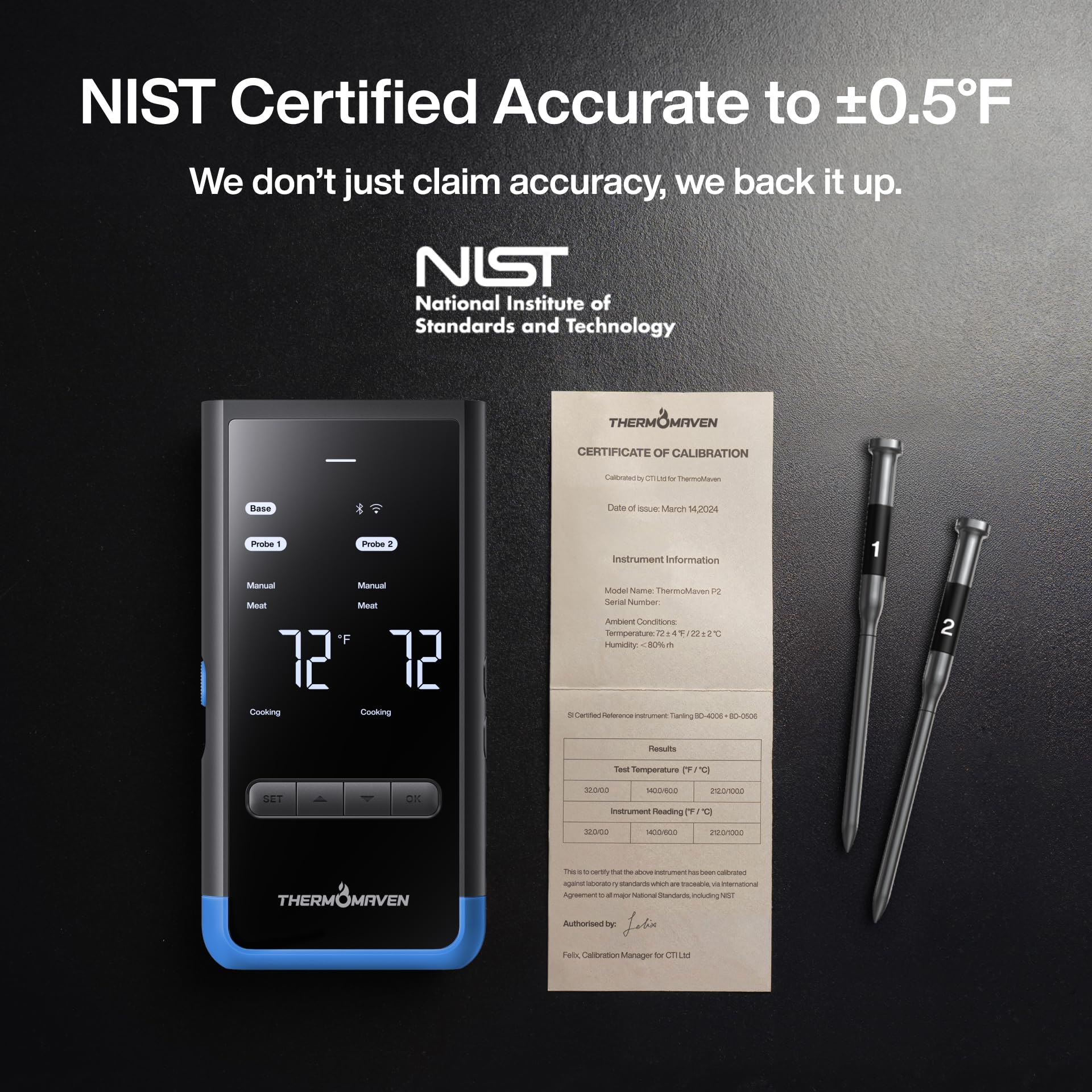 ThermoMaven Termómetro inalámbrico Bluetooth inteligente para carne: base independiente, alcance ilimitado WiFi, 6 sensores con precisión certificada por NIST, 2 sondas para cocina, barbacoa, horno