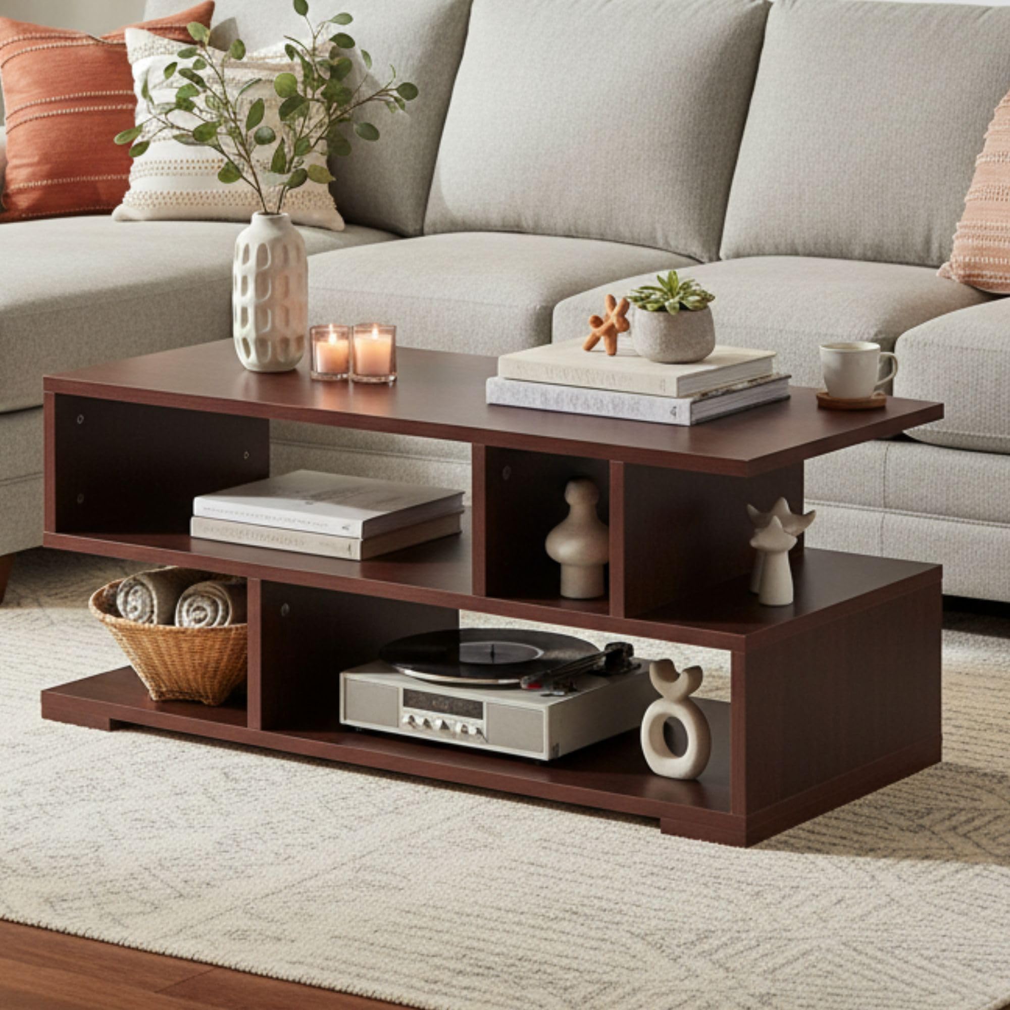 RIZIK STORE Engineered Wood Coffee Table in Walnut Finish | Modern Living Room Center Table with Suede Texture | Sofa & Tea Table | Installation Included | 3-Year Warranty (Brown)