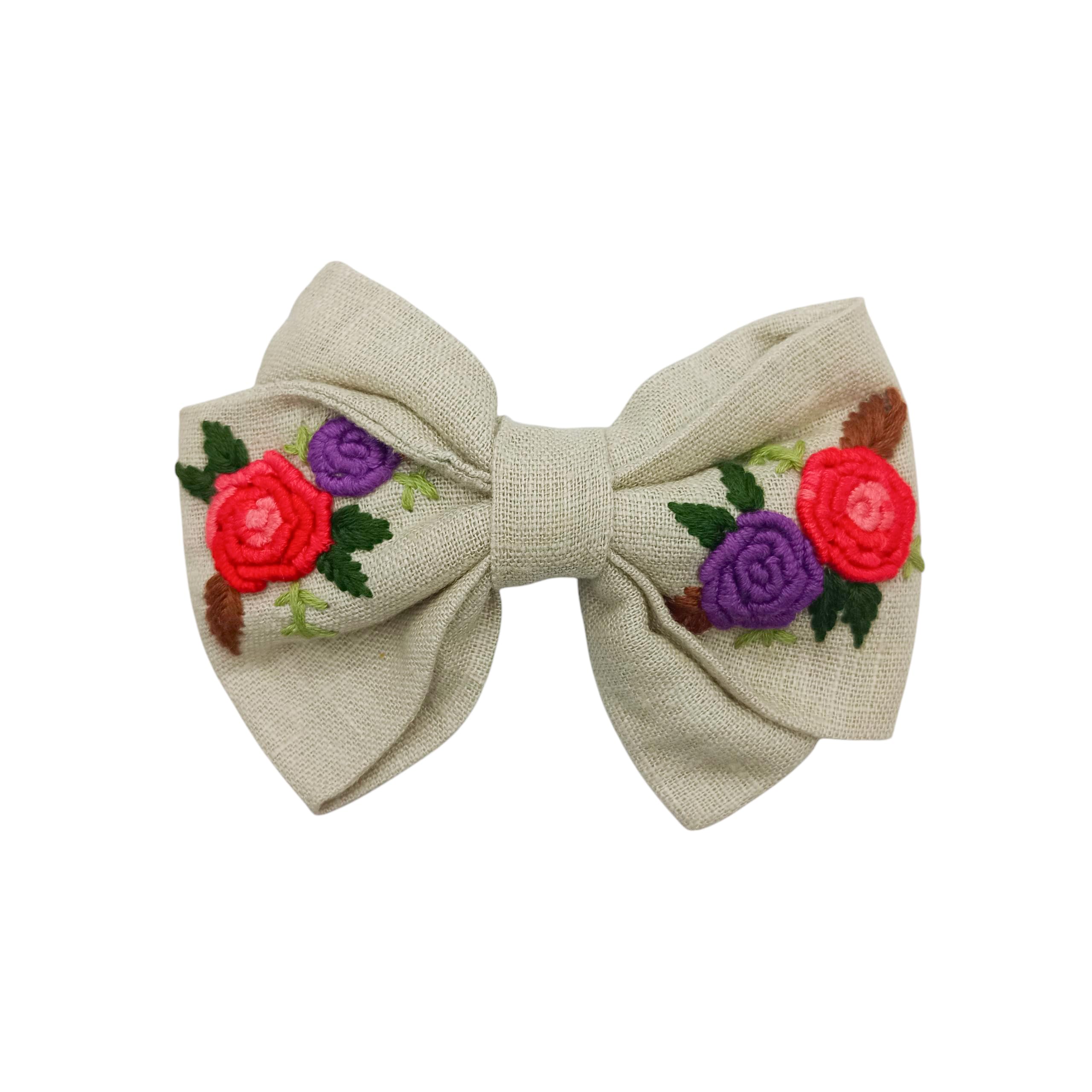 Handmade linen Hair Bow clip with multi Floral Embroidery, medium Decorative Hair bow (beige)-image-11