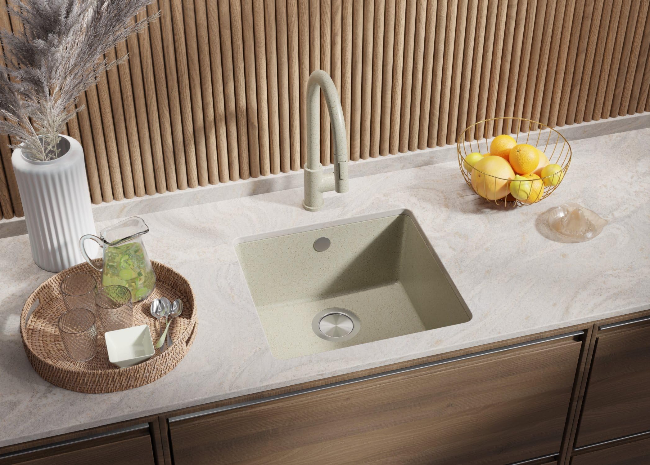 PRIMAGRAN Fregadero bajo Encimera Todo Beige - Venecia Easy, 46x44cm | Cocina 1 Seno + Sifón, Granito al Mueble 50cm (S036)