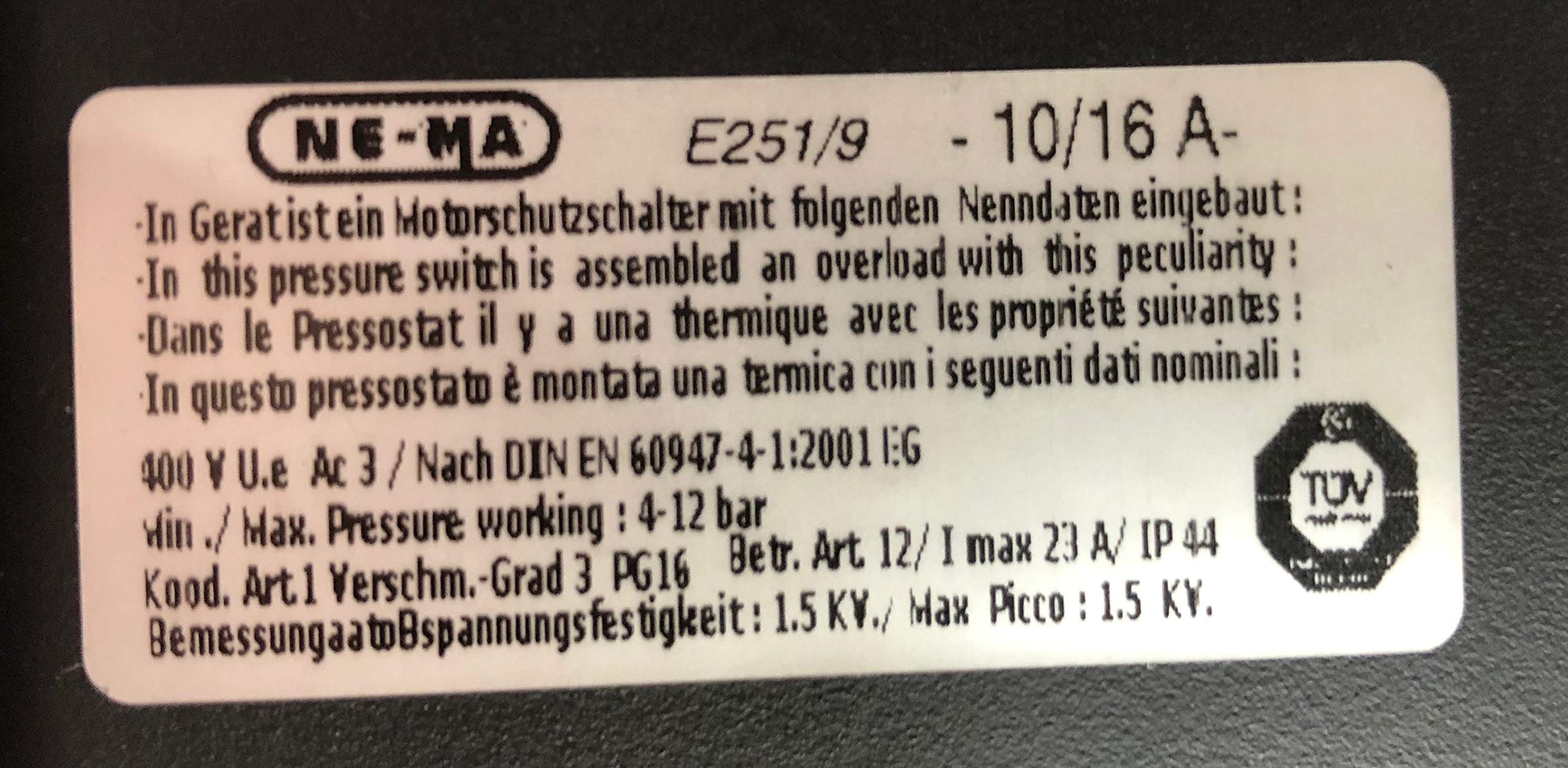 Presostato Italiano marca NE-MA para Compresores Trifásico de 10 a 16 Amperios + Interruptor