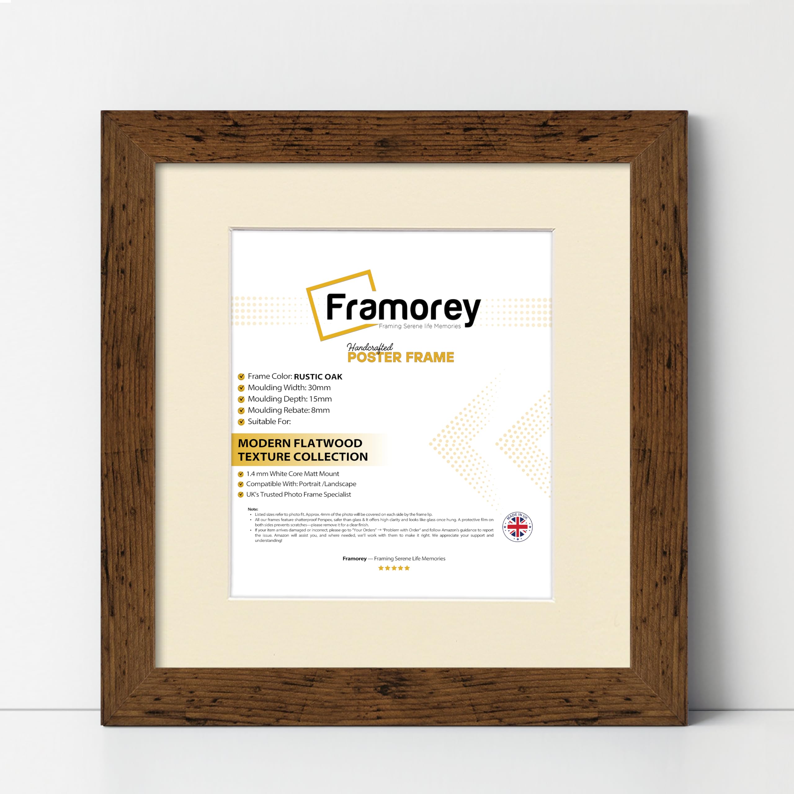 FRAMOREY Square Oxford Flat Wooden Effect Picture Frame, 30x30CM Size Rustic Oak Photo Frame With 25x25CM Size Ivory Mount, Photo Print Frame, Best Photo Frames For Birthday Gift