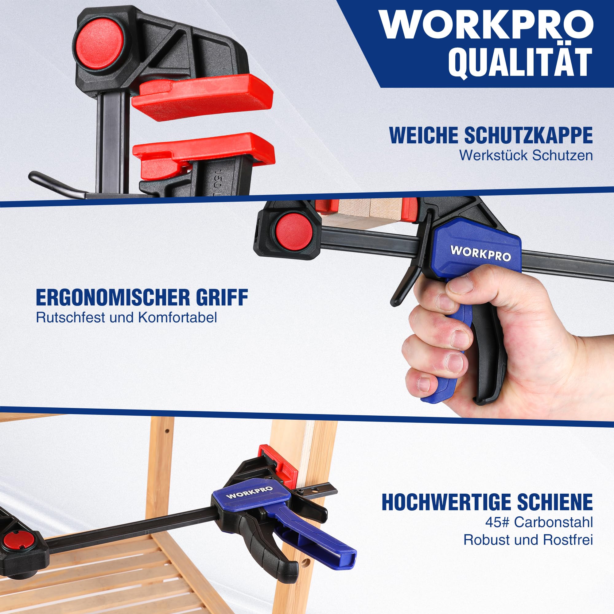 WORKPRO Einhandzwingen Set 4 Stück Schraubzwingen Spanner, Spannweite 120mm/150mm, Dehnbereich 200mm/285mm, Spannkraft 23kg/68kg, Stahl und Nylon für präzises Fixieren