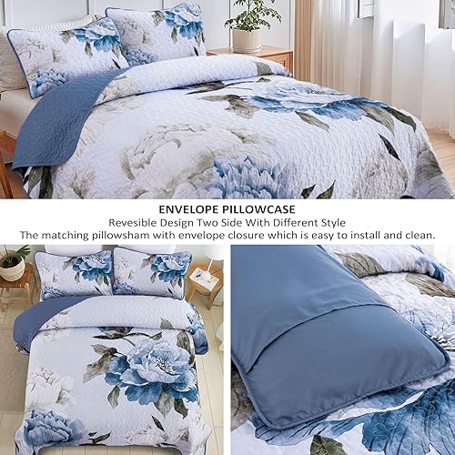 Miniatura 5 de Juego de edredón floral bohemio Queen de 3 piezas con estampado de flores azules con 2 fundas de almohada, juego de ropa de cama de microfibra