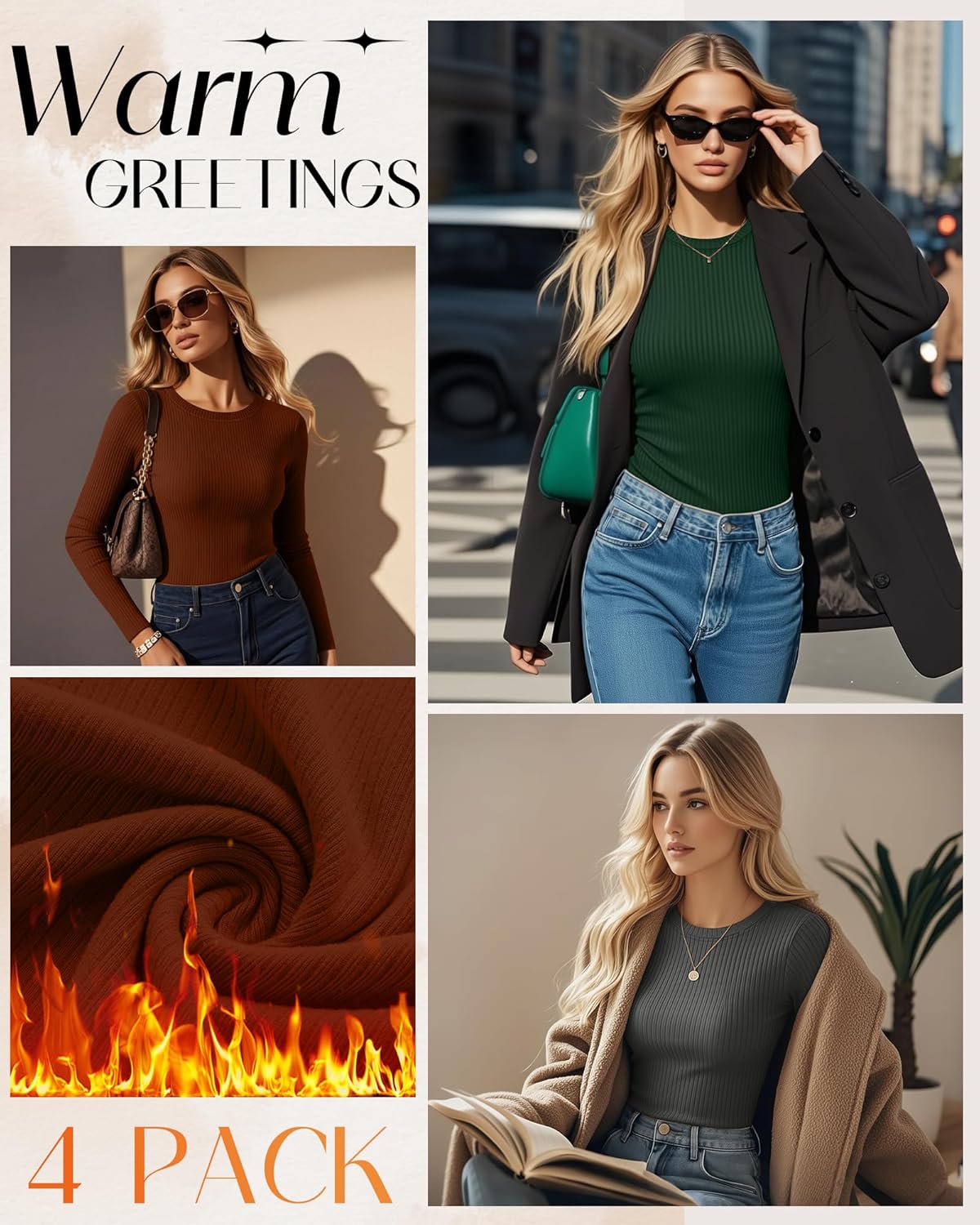 4 Pack Women's Thermal Long Sleeve Shirt Ribbed Cotton Slim Tops Crew Neck Basic Undershirt Stretch Layer Blouses - Image 2