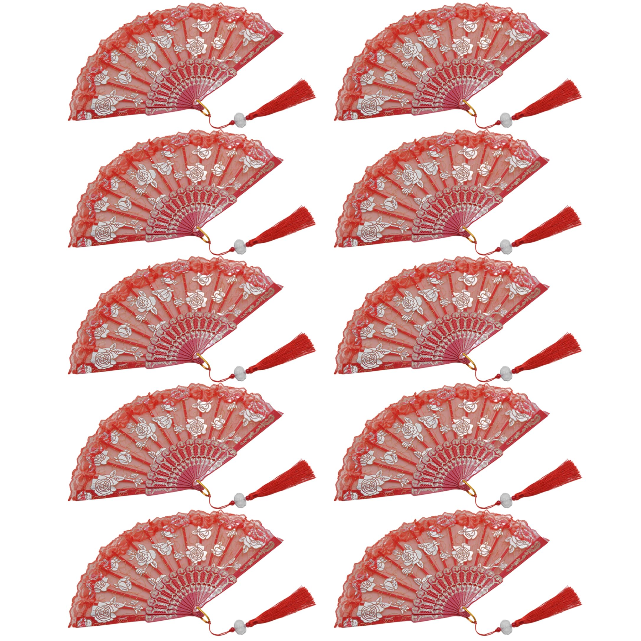 Tsawntd Spanish Fan, 10pcs Lace Folding Hand Fan, Red