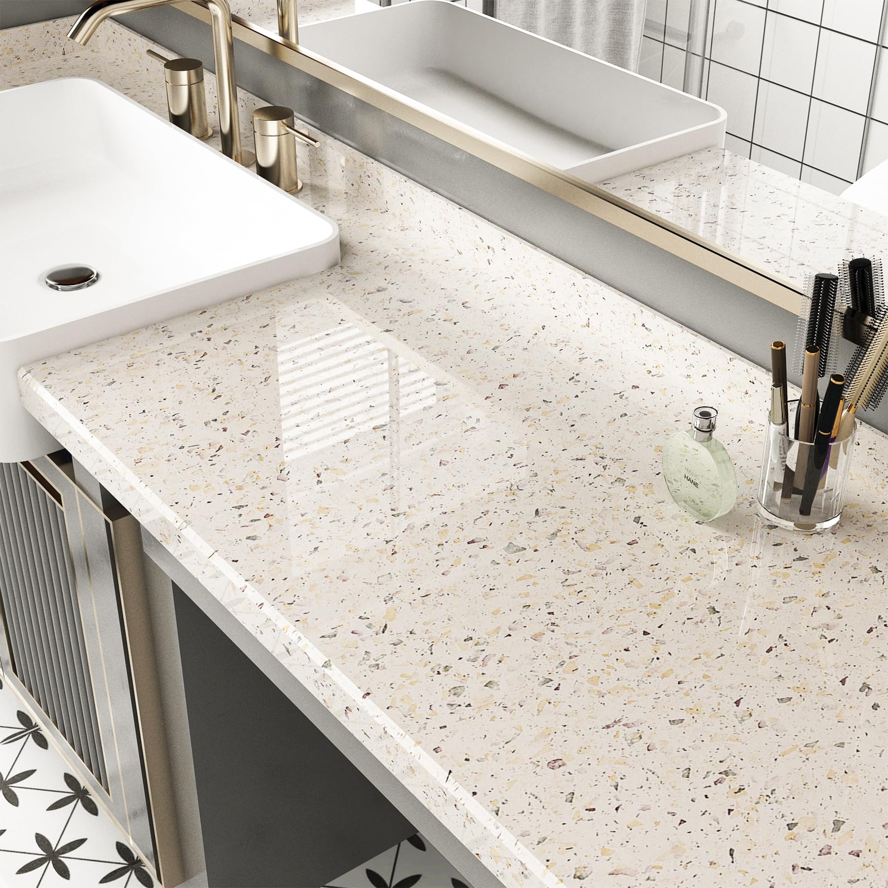 Decotalk Papel de contacto grande de granito beige de 35 x 120 pulgadas para encimeras, papel de contacto de granito beige impermeable para encimeras, papel tapiz de granito beige para encimera de
