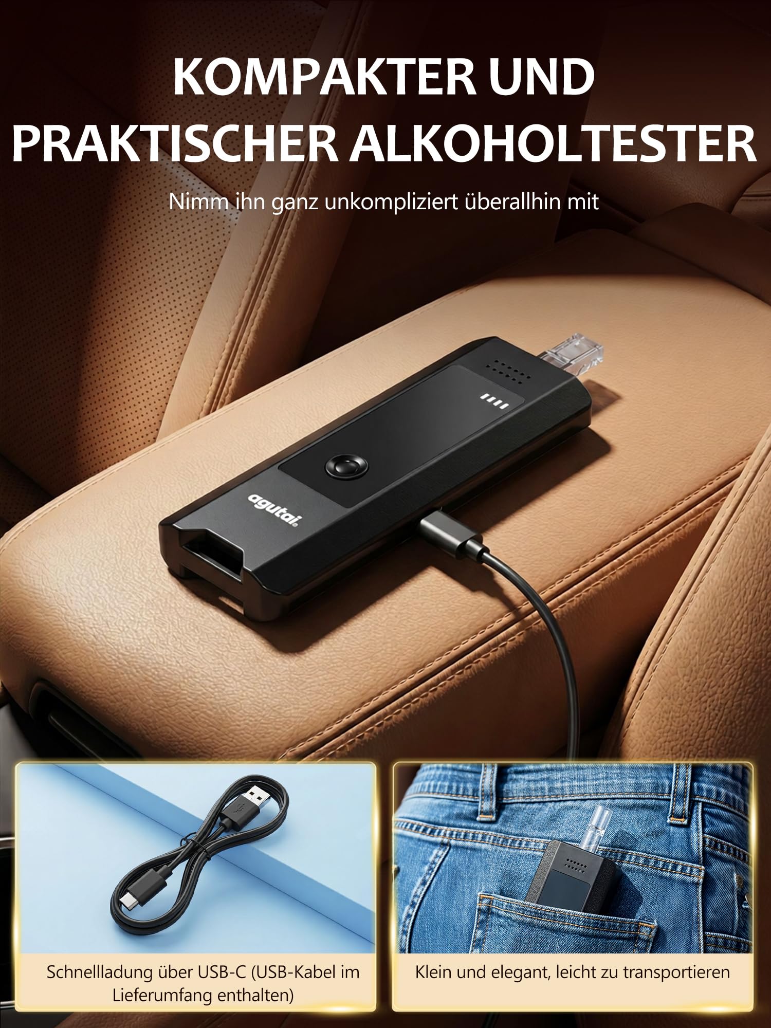 Alkoholtester Polizeigenau Professioneller Alcohol Tester : Hochpräziser Promillemessgerät Zwei Messmethoden mit Digitaler LCD-Anzeige - Tragbarer Atemalkoholtester USB-C-Aufladung mit 10 Mundstücke