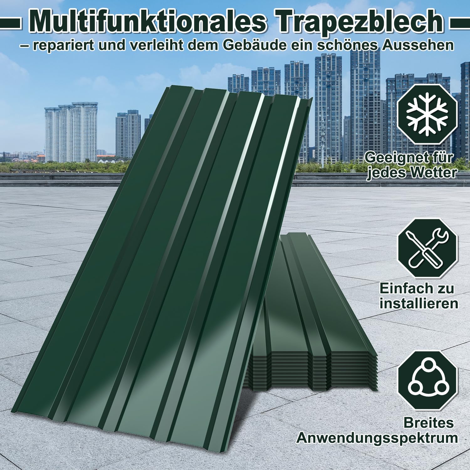 Set di lastre per tetti a trapezio Verde – 24 lastre di lamiera ondulata zincate, 129 x 46 cm, spessore 0,25 mm, 14 m² di superficie totale, ideale per carport, casetta da giardino e copertura