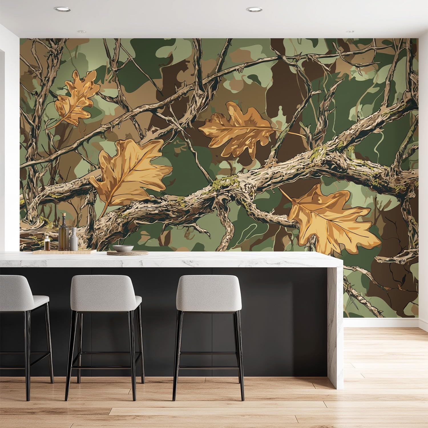 Tapeta 3D retro roślina 274 x 254 cm, mural ścienny, liście dębu, kamuflaż, tapeta do sypialni, przedszkola, malowniczego ogrodu, wisząca
