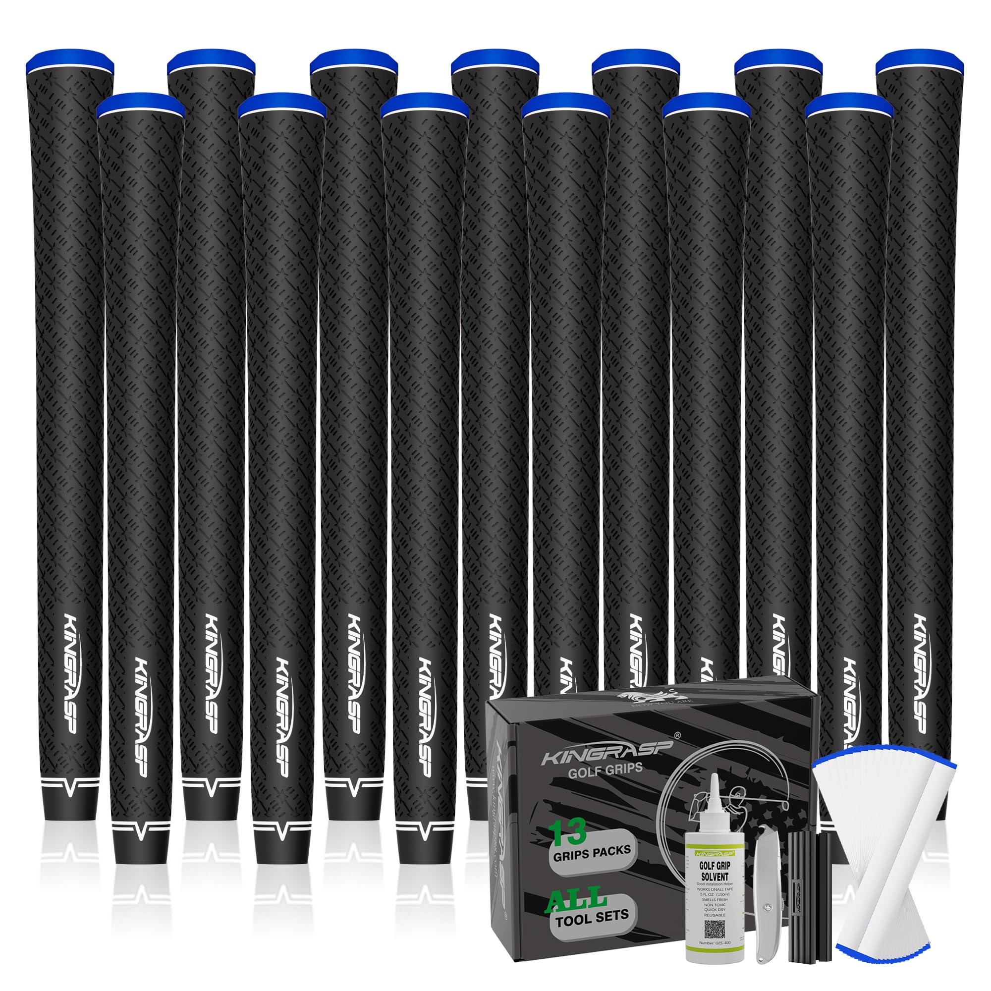 KINGRASP Multi Compound Golf Grips，13 Grips Set,Soft Rubber Golf Clubs Grips, Anti-Slip Ecological Cotton Yarn Thread Technology,Midesize Standard Size,6 Colors Optional(Black, Mdisize)