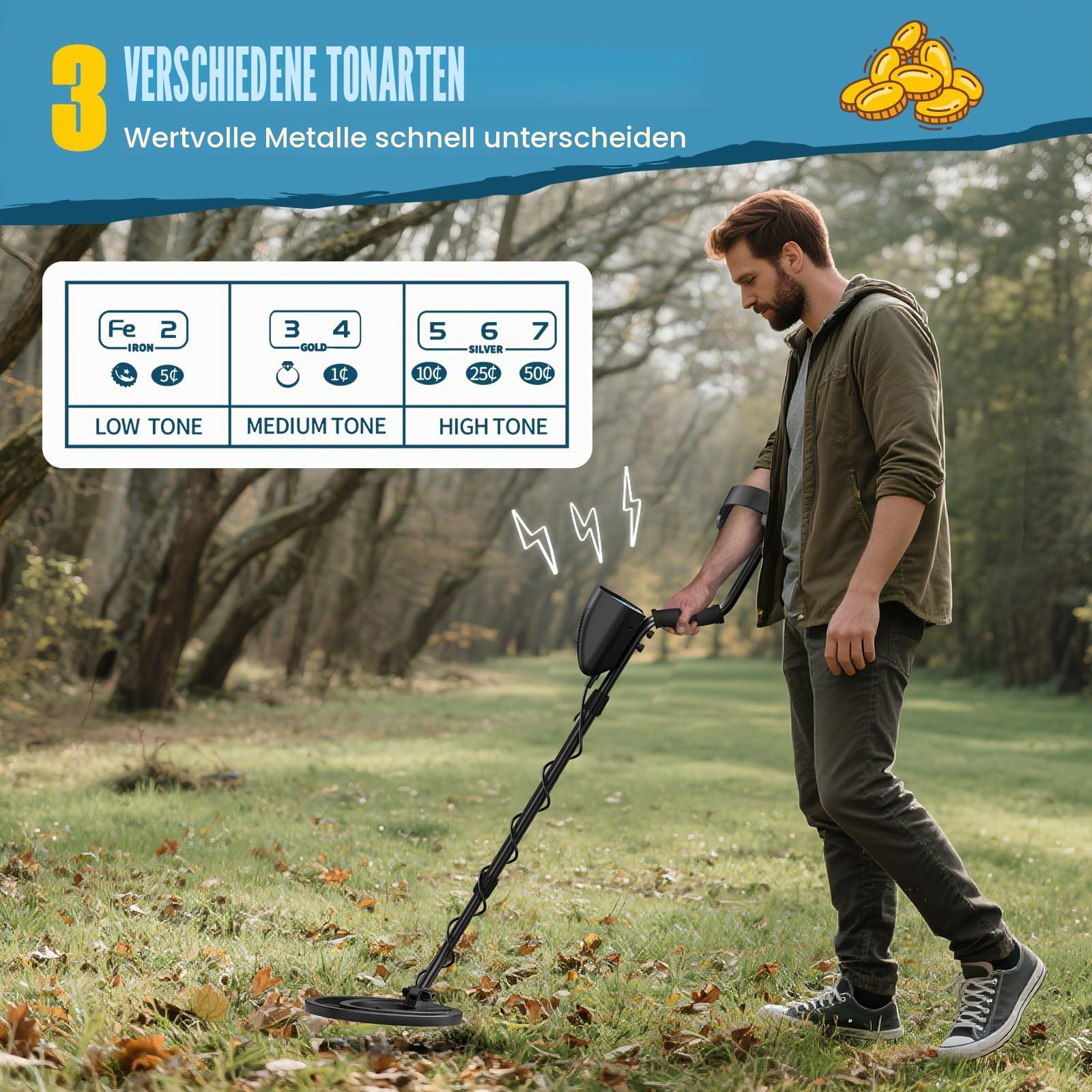 Metalldetektor Profi für Erwachsene und Kinder, einstellbare Länge (113–141 cm), Metalldetektor Set mit IP68 wasserdichter Suchspule