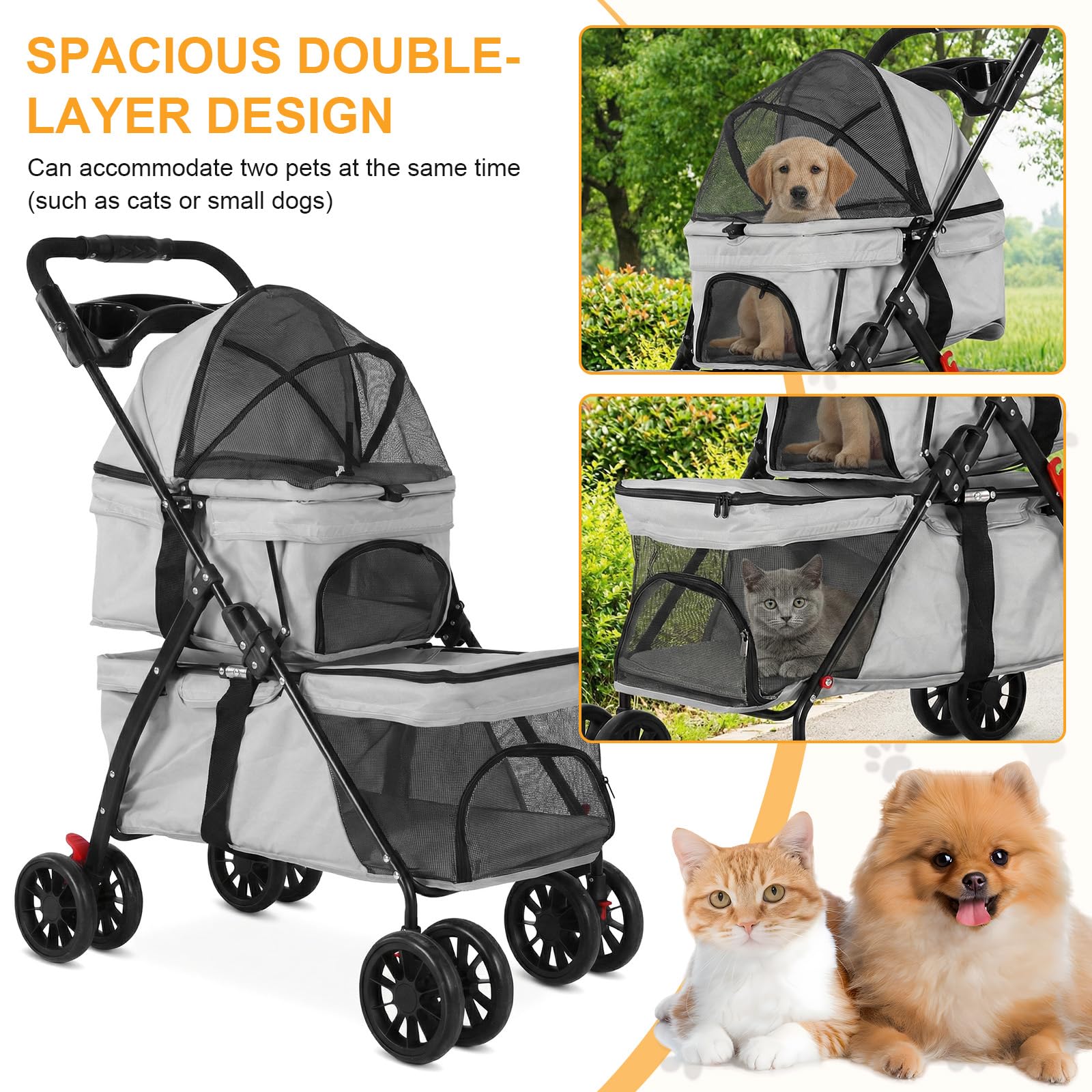 Passeggino per animali domestici a doppio strato per cani e gatti di piccola e media taglia, 3 in 1, pieghevole, passeggino da viaggio leggero, 100 cm x 73 cm x 49 cm (grigio)