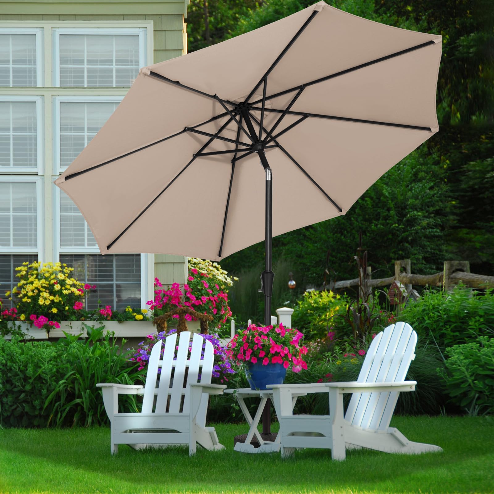 MEWAY 10ft Patio Umbrella Large Outdoor Table Umbrella with Push Button Tilt & Crank Lift System, Market Deck Pool Backyard Garden Sunshade Umbrella 8 Sturdy Ribs UV Protection, Beige