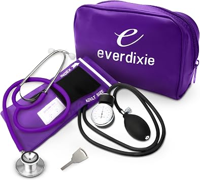 Dixie EMS Aneroid Sphygmomanometer and Dual Head Stethoscope Set with Adult Size Blood Pressure Cuff, Calibration Key and Carrying Case Purple