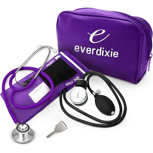 Dixie EMS Aneroid Sphygmomanometer and Dual Head Stethoscope Set with Adult Size Blood Pressure Cuff, Calibration Key and Carrying Case – Purple