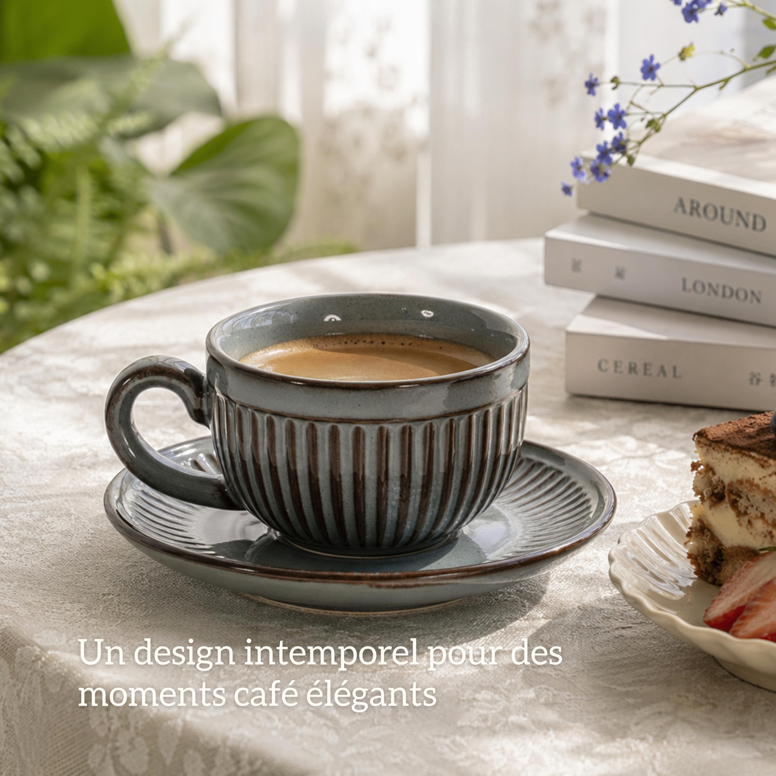 6 Tasses à Café Expresso avec Soucoupes-Tasses 100ml avec Anse - Motif Rayé - Couleurs Uniques de Kiln, Parois Épaisses, Coffret Luxe,Conserve la Chaleur, Idéale pour Café & Thé - Gris