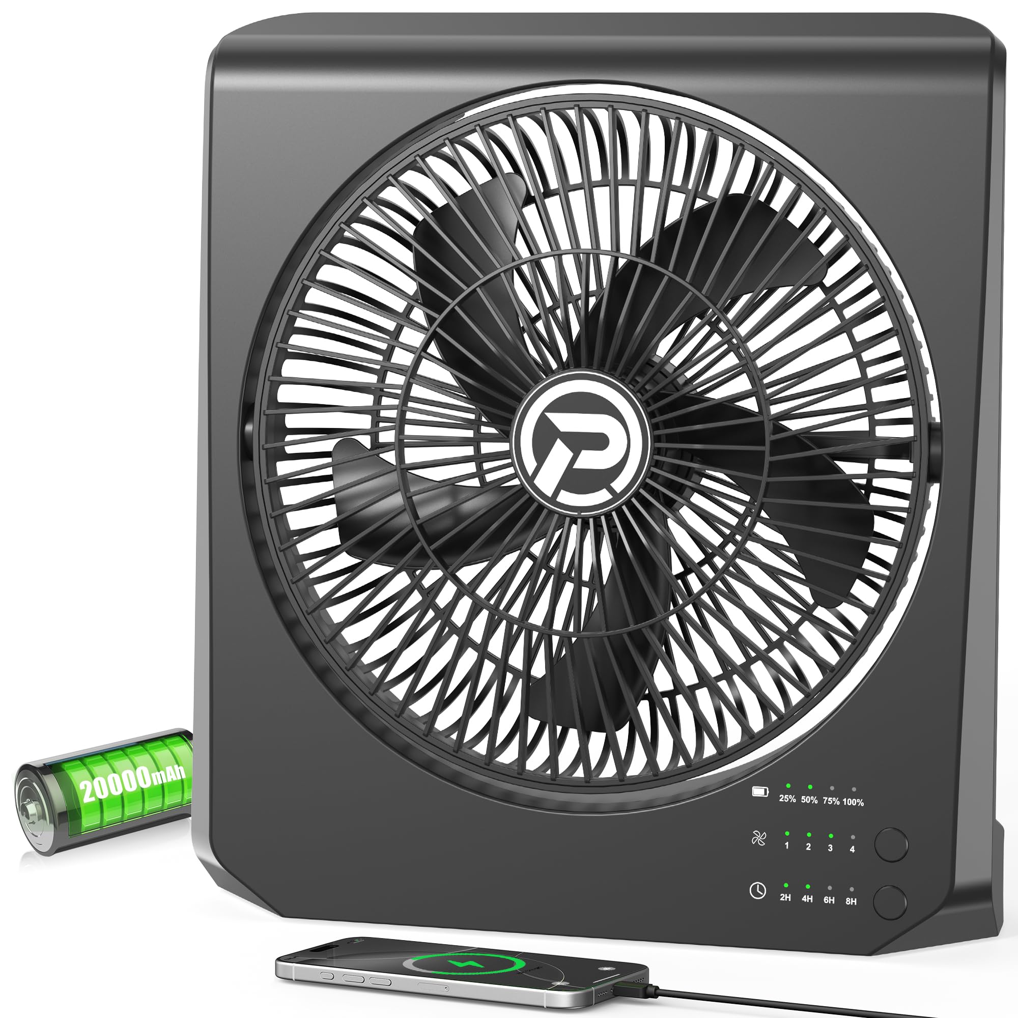 10Inch Portable Small Box Fan, 20000mAh Rechargeable Battery Operated, Max 55Hrs Cooling, 4 Speeds, 270° Pivoting, Cordless Square Table Fan with Timer for Window Bedroom Kitchen Office Power Outage