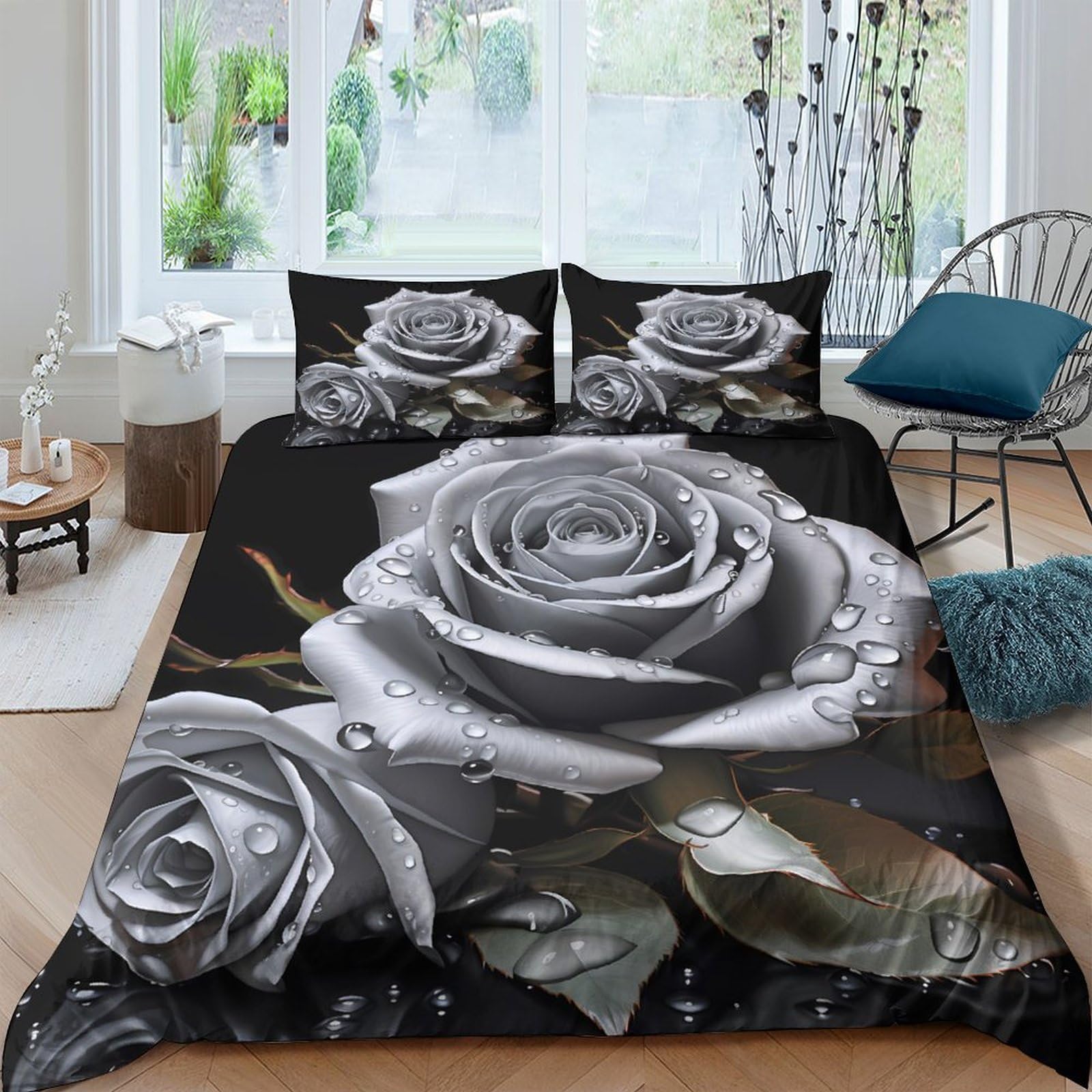 Graue Rose 3-teiliges Pflegeleichtes Polyester Digitale Kunst Stil Kinderbettbezugset, 2 Kissenbezug, Unsichtbarer Reißverschluss, Babysicher King（220x240cm）