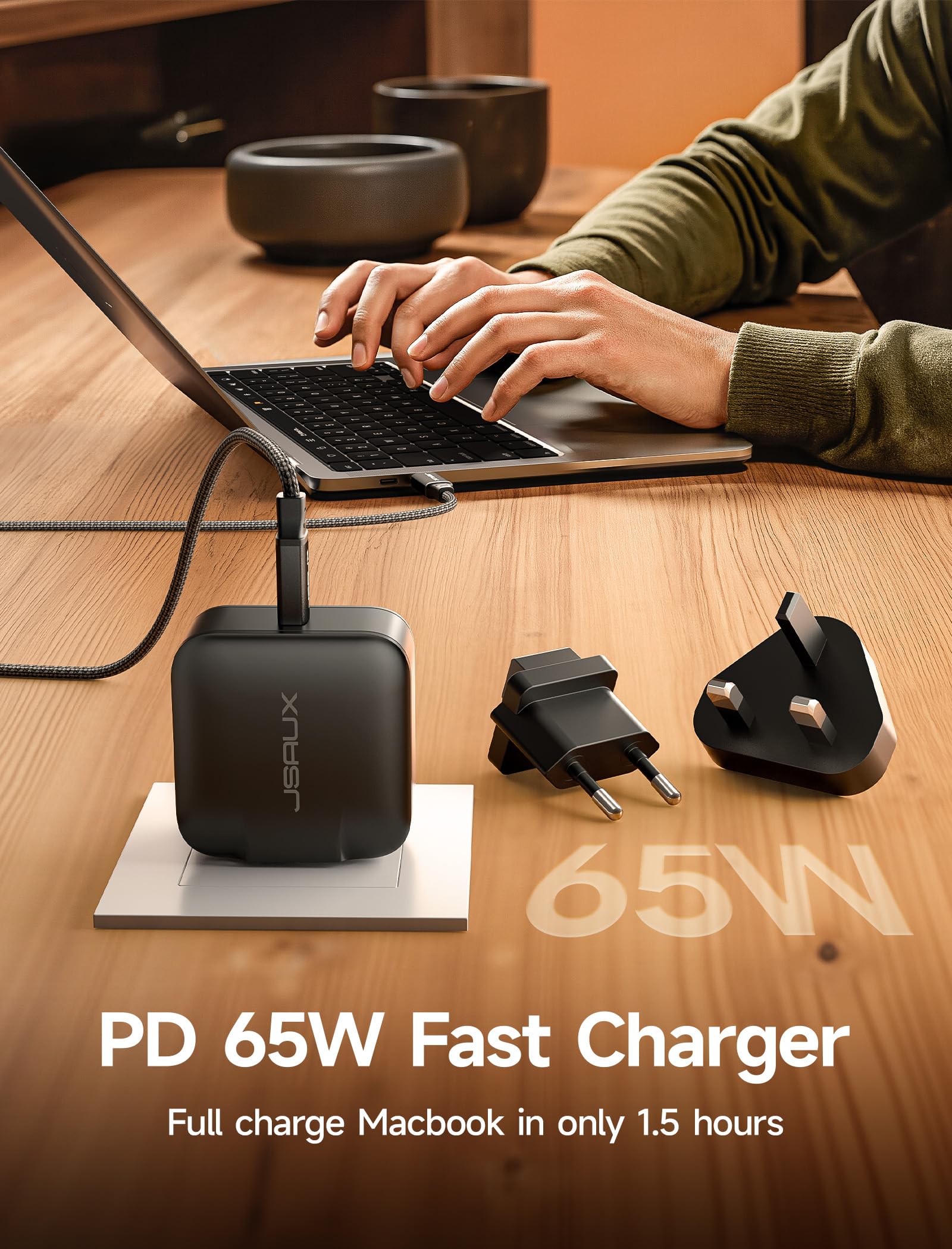 JSAUX Ładowarka USB C 65 W, kompatybilny z Nintendo Switch 2, ROG Ally, Steam Deck, tabletami i laptopami. Szybka ładowarka ścienna PD 65 W z 2-metrowym kablem USB C, wtyczka EU i UK