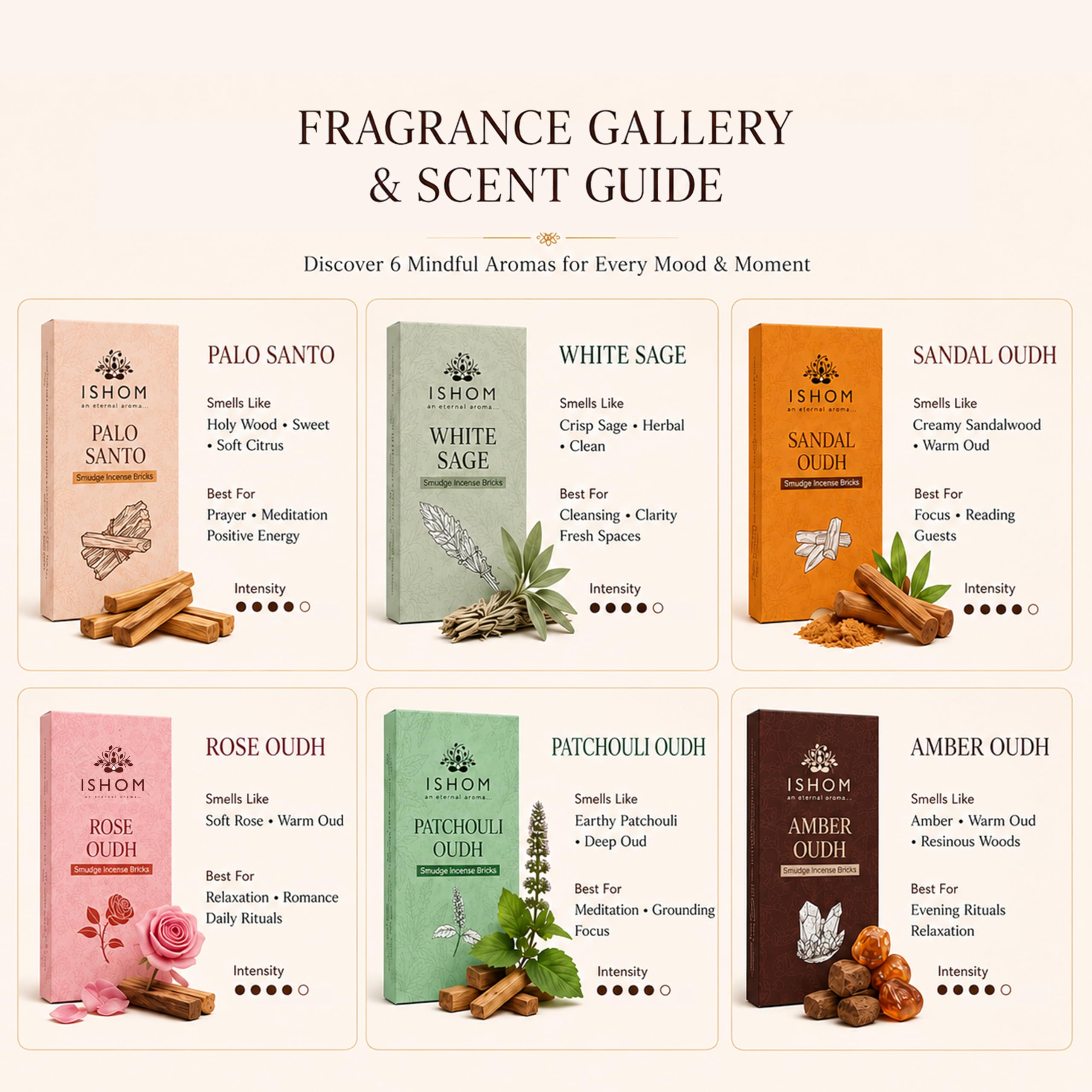 Smudge - Mattoncini di incenso naturali, confezione da 90 (6 fragranze assortite), Palo Santo, salvia bianca, patchouli, sandalo Oudh, ambra e rosa, mattoni di incenso atossici per meditazione e