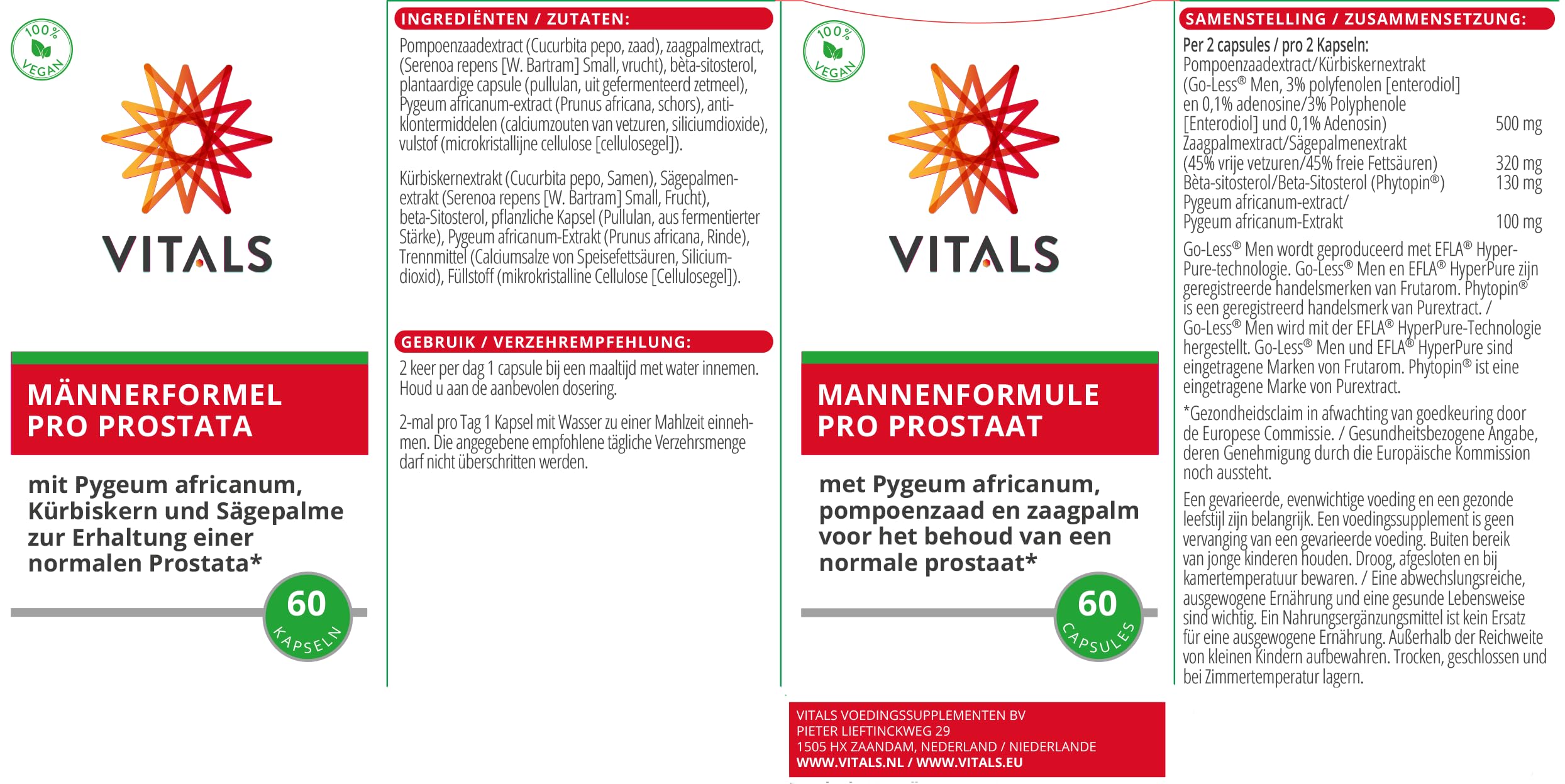 Vitals - Männerformel Pro Prostata 60 Kapseln mit Pygeum africanum, Kürbiskern und Sägenpalme eine vollständige Formel zur Erhaltung einer normal funktionierenden Prostata.