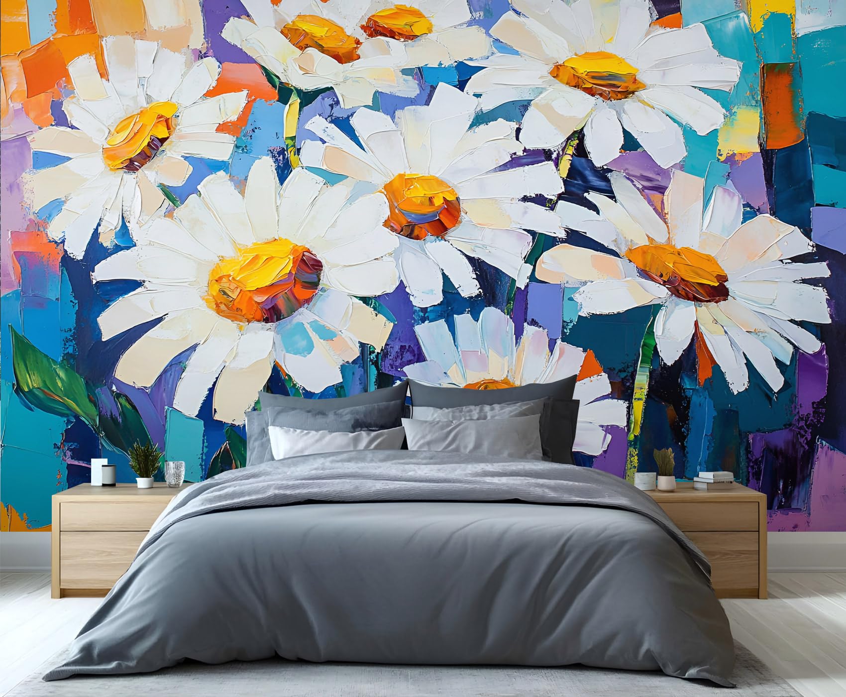 YXQAIED Floral Wallpaper, White Daisy Bedroom Wallpaper, Oil Painting 3D Wall Murals for Living Room, Home Decor & Not Self-Adhesive Wallpaper