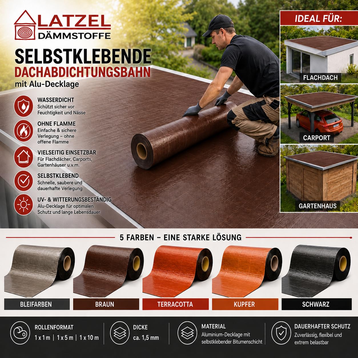 Selbstklebende Dachabdichtungsbahn 1 x 10 m Braun – Bitumen Dachbahn mit Aluminium-Decklage – wasserdichte Dachabdichtung ohne Flamme – für Carport, Gartenhaus & Flachdach Rolle 10 m²