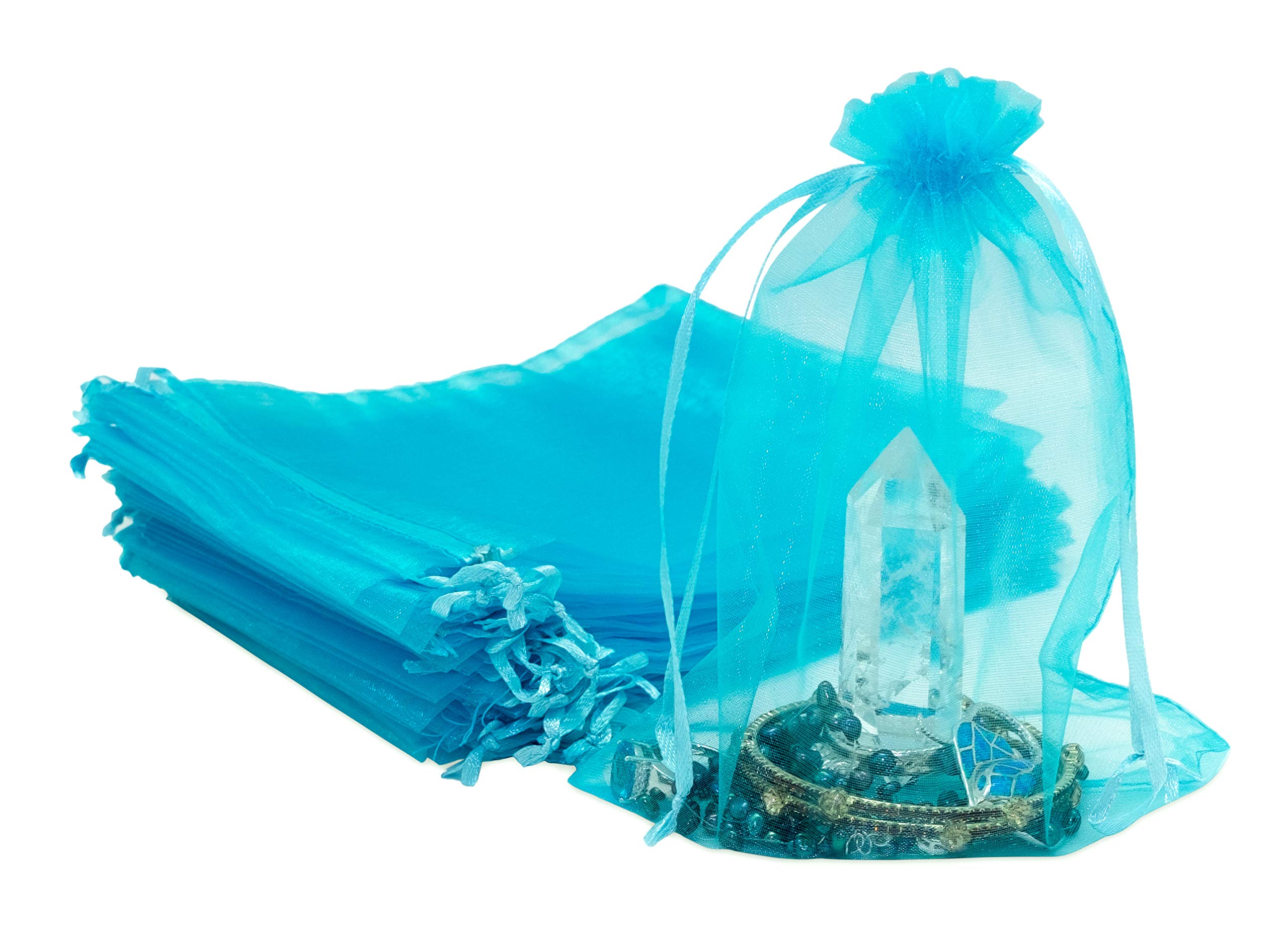 TheDisplayGuys 100-Pack 6x8 Turquoise Blue Sheer Organza Gift Bags with Drawstring, Jewelry Candy Treat Wedding Party Favors Mesh Pouch