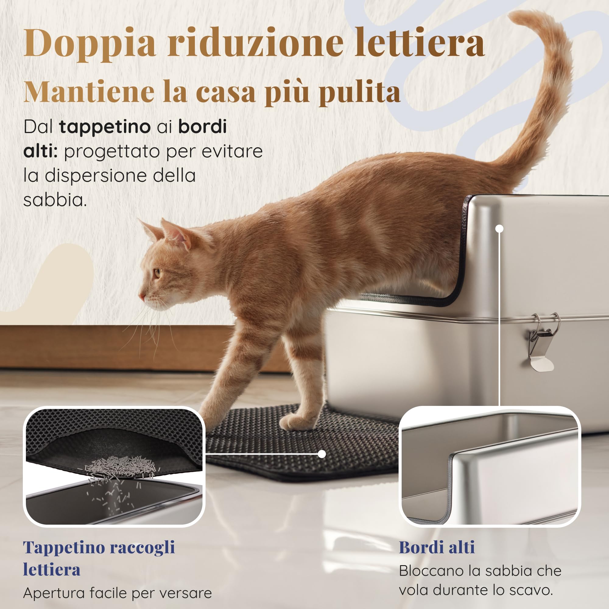 Lettiera Acciaio Inox – Inodore e Antiaderente – La Cassetta Gatto Inox XXL – Capacità 38L – Lettiere in acciaio per gatti – Con Paletta e Tappetino per Lettiera – 60 × 40 × 32 cm