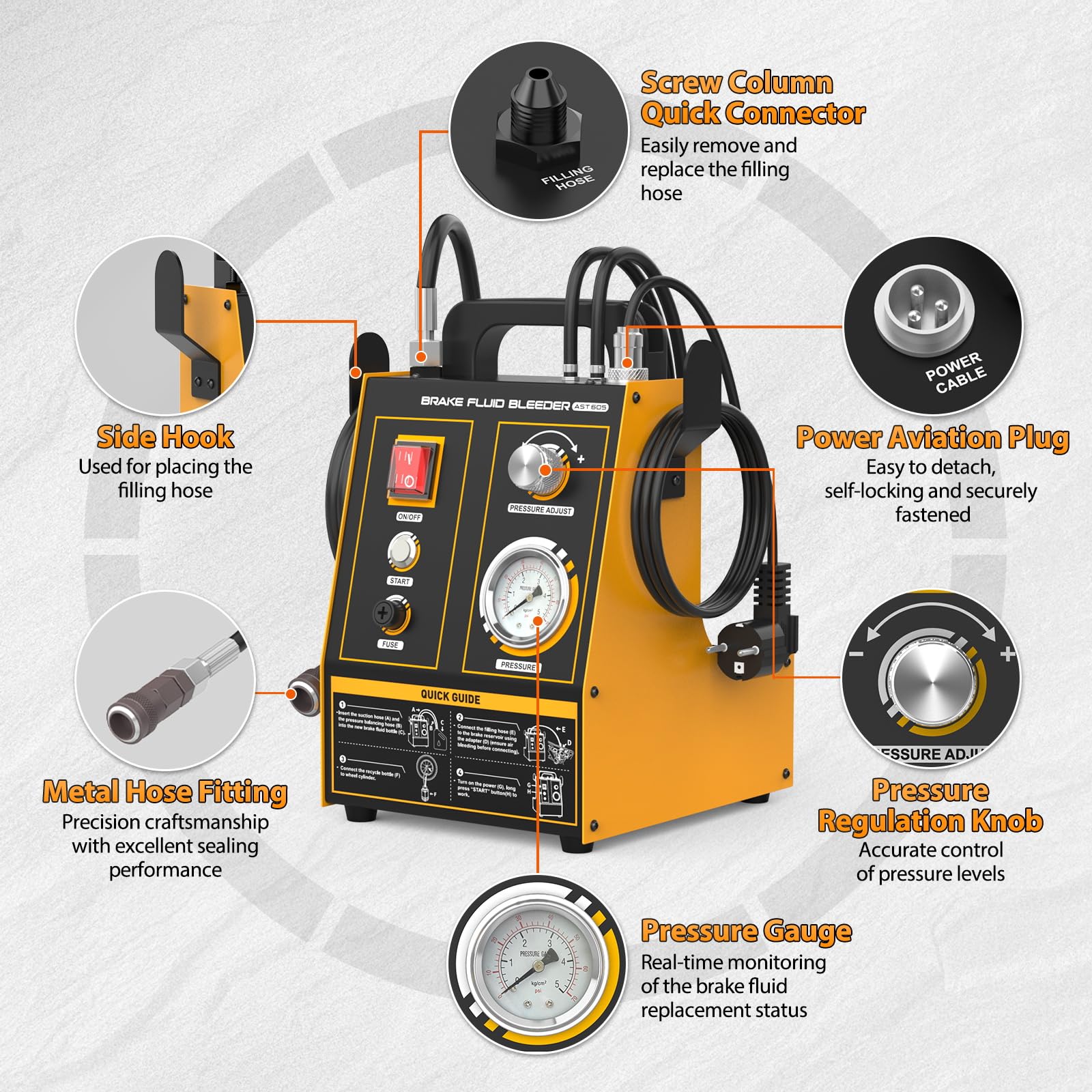 AST605 - Purgador de frenos para coche, 220 V, automático, con 20 adaptadores, 0,7 ~ 2,5 bar, presión ajustable