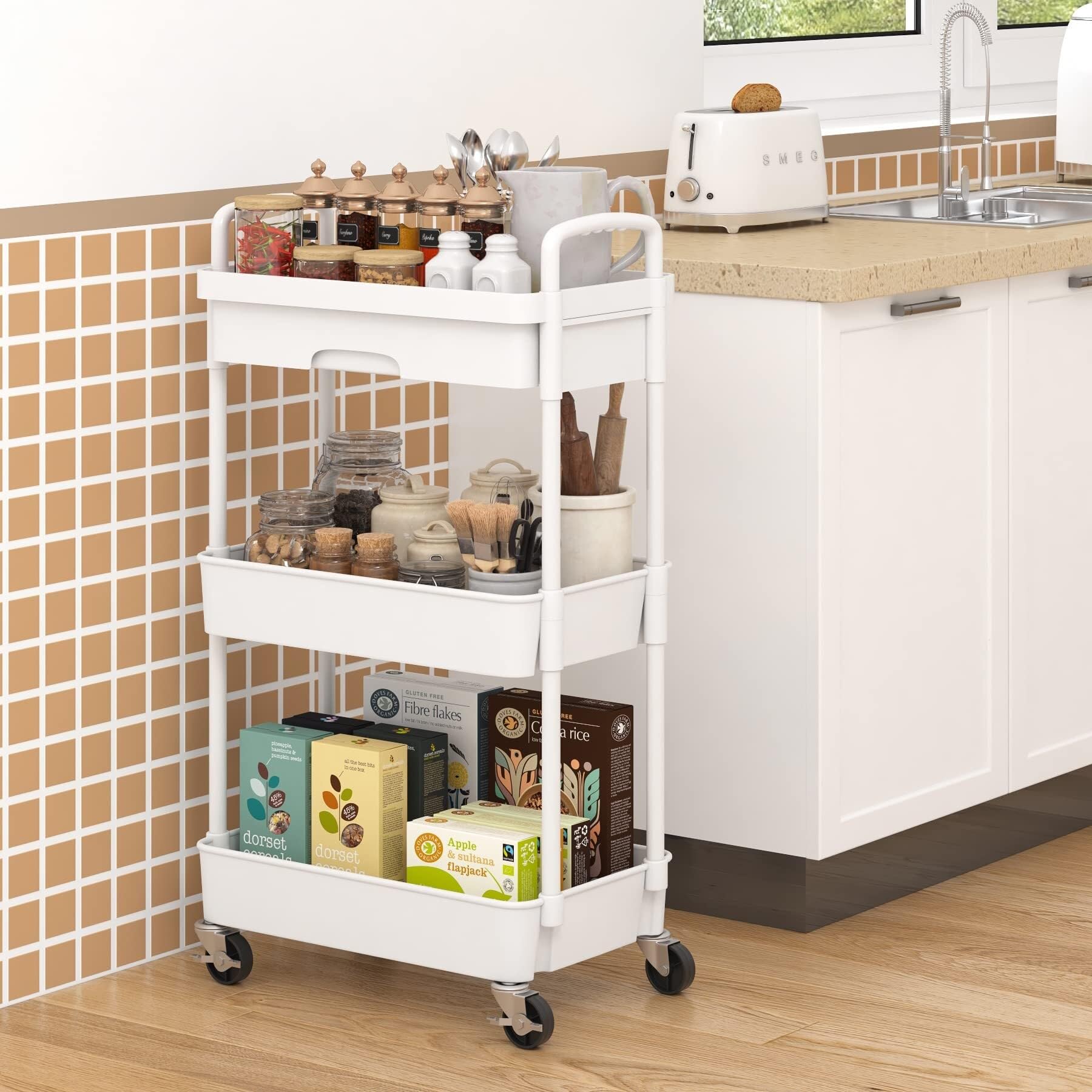 Carro Cocina Carro Auxiliar Carrito Cocina Carrito Móvil Con Ruedas Y Cajón, Carrito Utilitario, Carrito De Almacenamiento De Cocina Con Estante De Plástico, Ruedas De Metal Para Oficina Y Baño Carrit