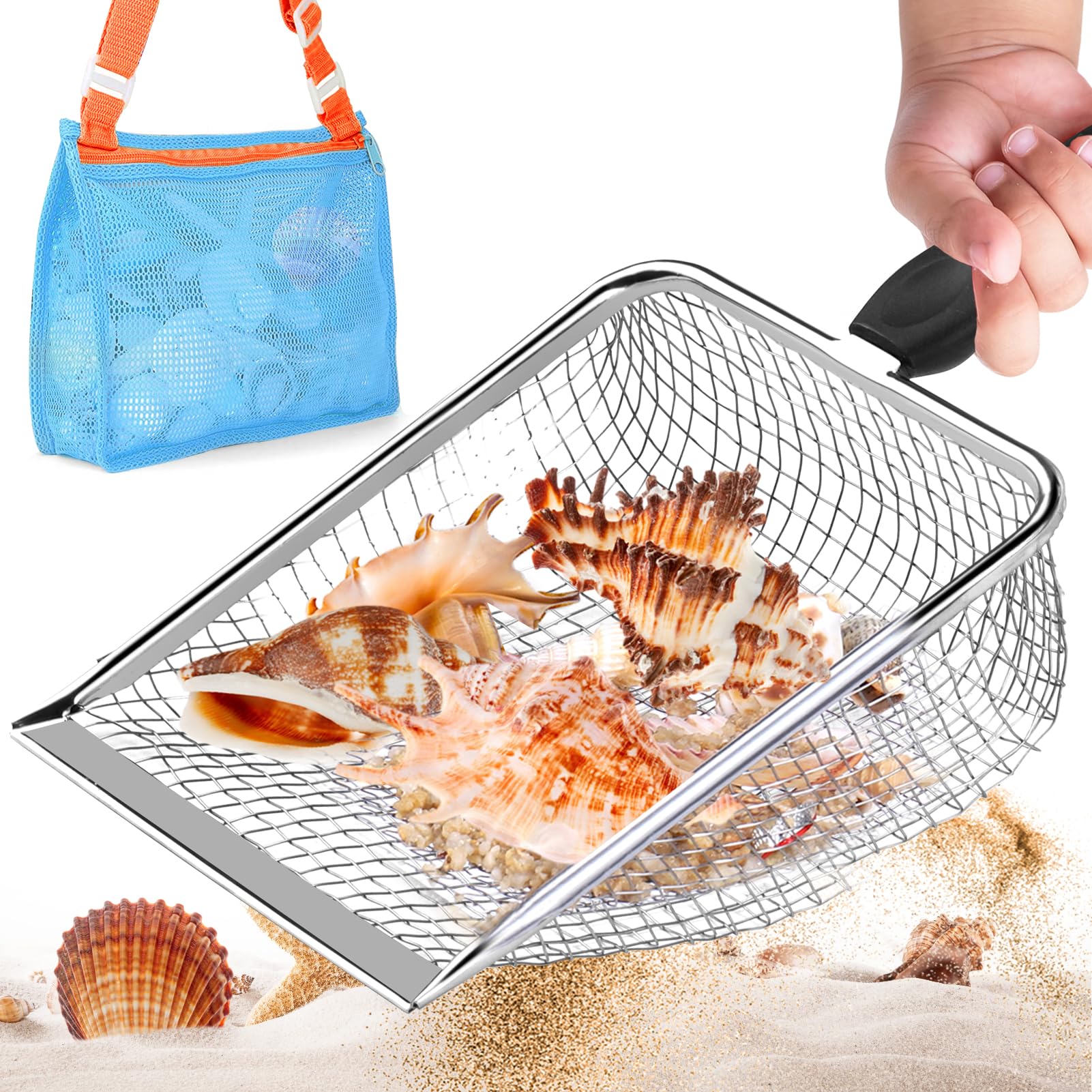 Cadeya Large Beach Mesh Shovel with Mesh Beach Bag, Beach Sand Sifter for Shell Collecting, Shark Teeth Sifter, Filter Sand Scooper for Picking Up Shells