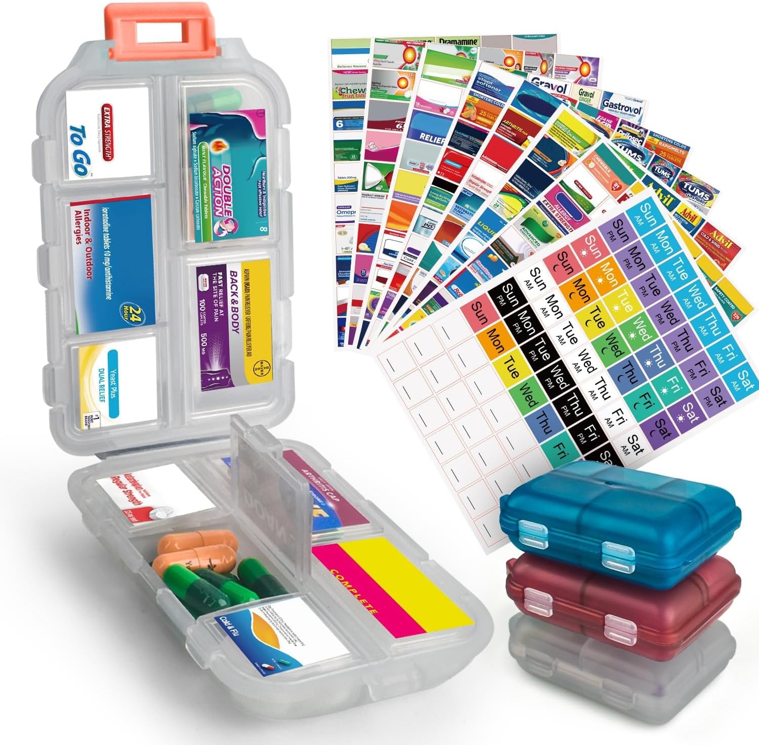 3 Pcs DIY Travel Pill Organizer with Labels Pocket Pharmacy, 3 Pill Box & 420 Medicine Labels, Portable Travel Essentials Mini Pill Container 7 Day Pill Case Storage Vitamin Fish Oil (Set B)