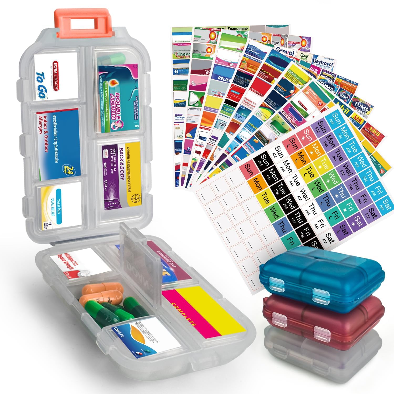 3 Pcs DIY Travel Pill Organizer with Labels Pocket Pharmacy, 3 Pill Box &amp; 420 Medicine Labels, Portable Travel Essentials Mini Pill Container 7 Day Pill Case Storage Vitamin Fish Oil (Set B)