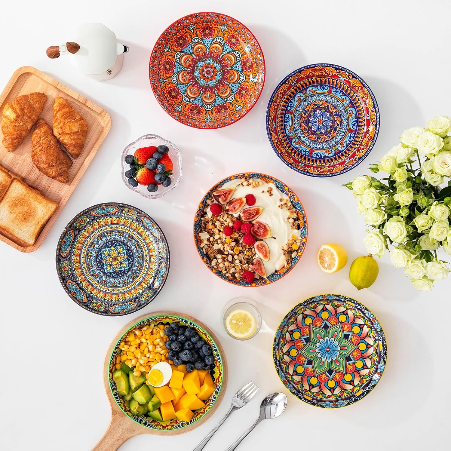 vancasso KRVI Boho Cereal Bowls Set of 6 and 32 Oz Pasta Bowls, Porcelain Large Colorful Salad Soup Bowls Set of 6