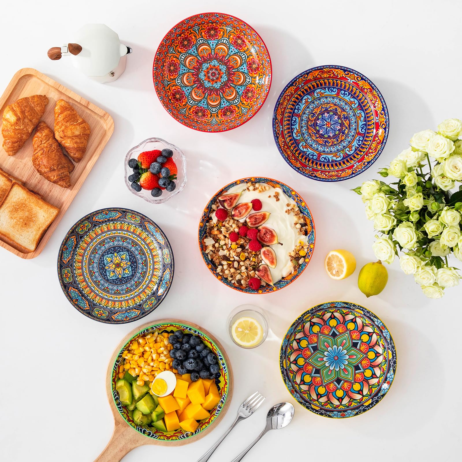 vancasso Suppenteller 6er Set, Pastateller KRVI Tiefe Teller Set, Pasta Teller Tief Groß, Buntes Tiefteller Set Ø 21cm, 960ml Suppenschüssel für Suppe, Müsli, Pasta, Salat, Spülmaschine Mikrowellen
