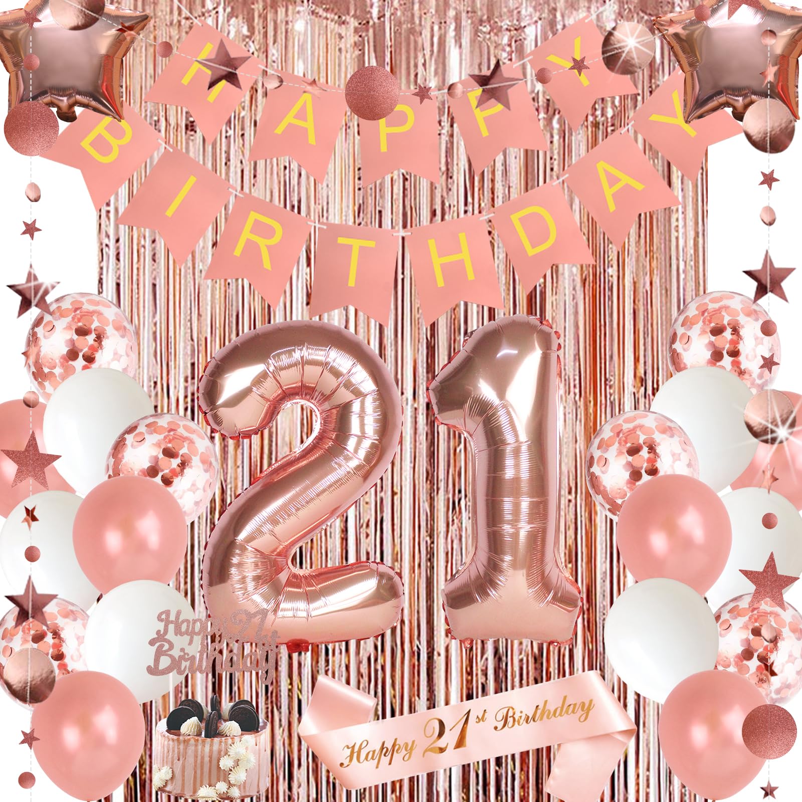 zilue 21st Birthday Decorations, 21st Birthday Decorations for Women Happy Birthday Banner Cake Topper Happy 21st Birthday Sash 21 Foil Balloon for Anniversary Decorations Birthday Party Backdrop