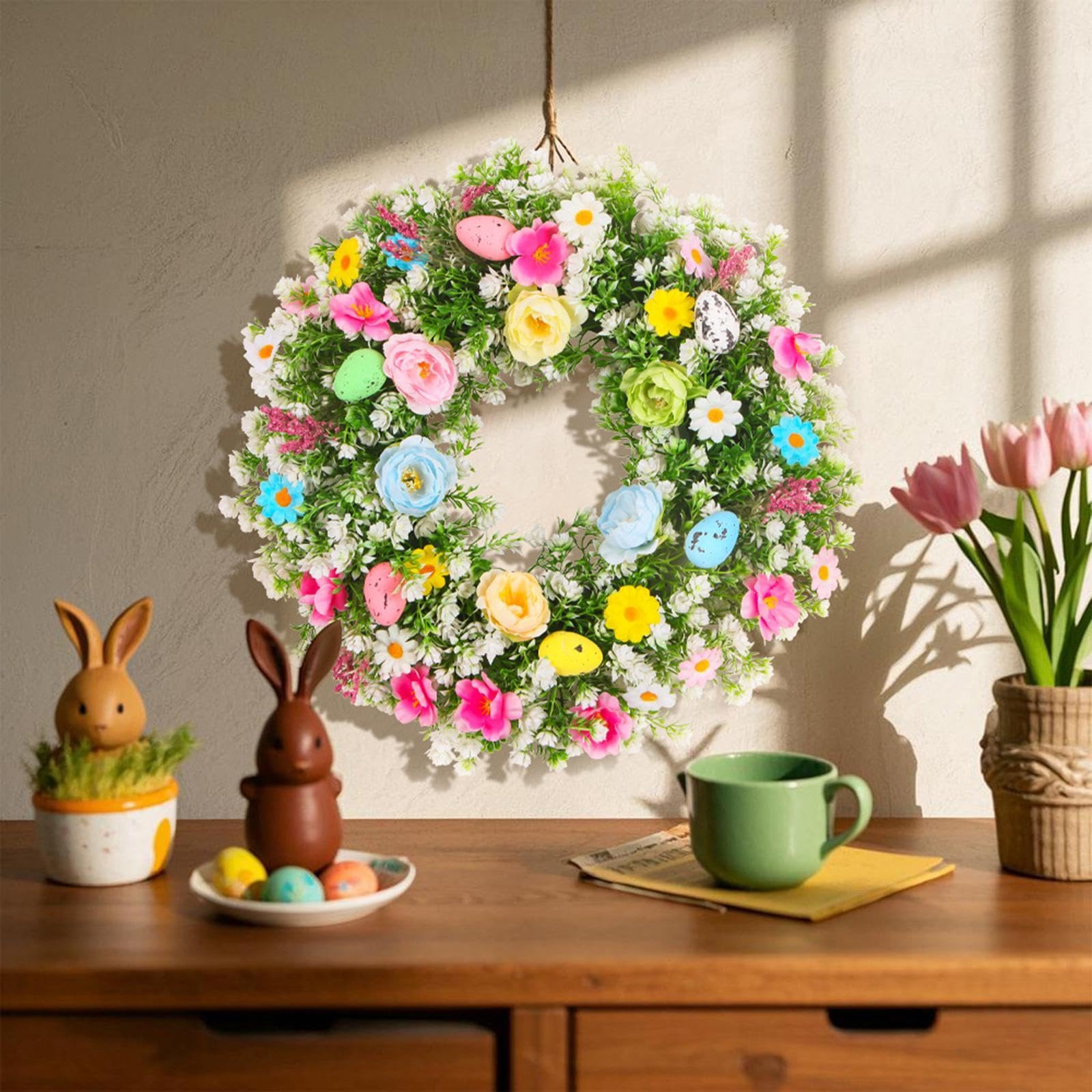 Ghirlanda Pasquale, Fiori Artificiali, Ghirlanda di Uova, Ghirlanda di Foglie Verdi, Decorazione Primaverile con Fiori di Seta per La Porta D'ingr, 55 Cm