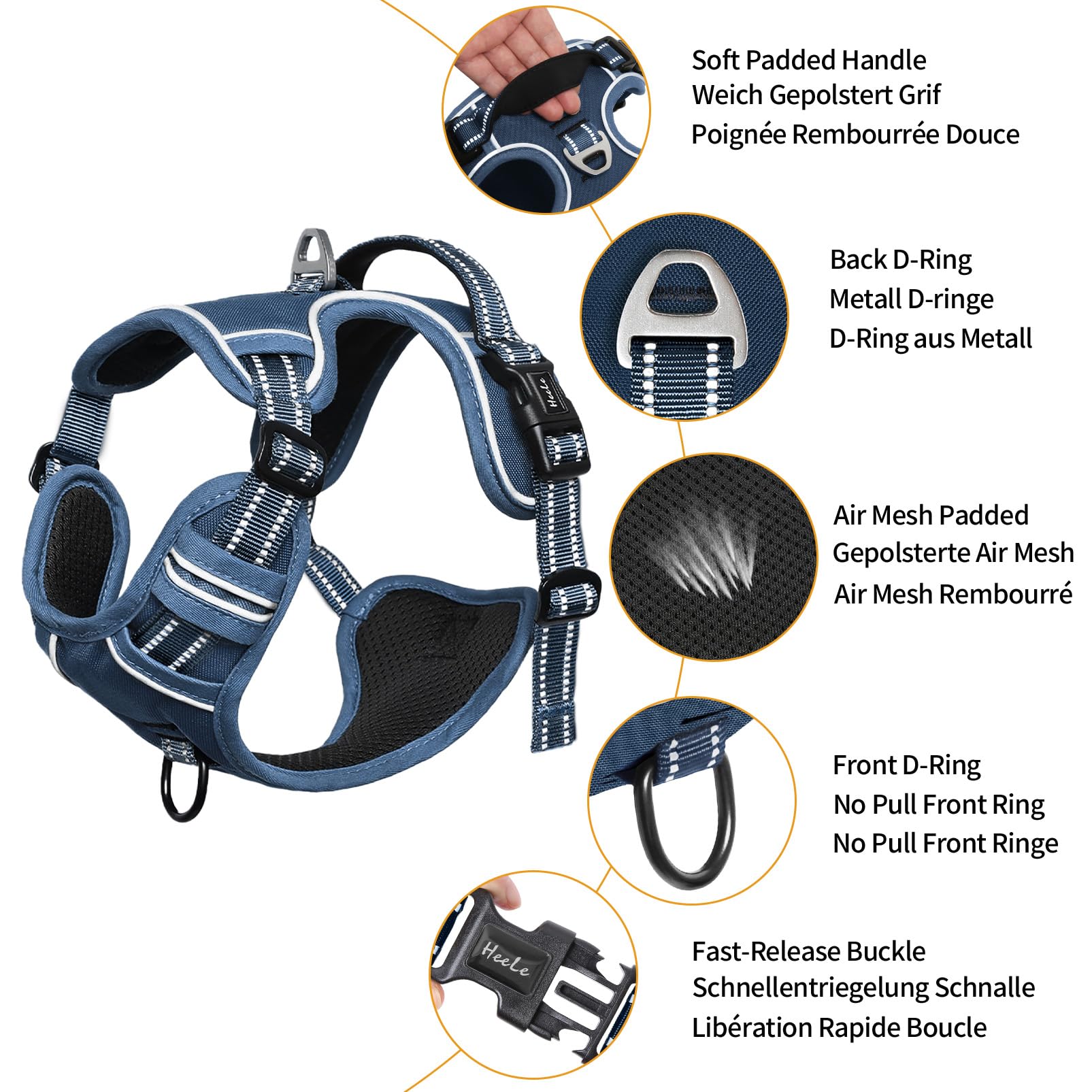 HEELE Pettorina Cane con Motivo Stampato, Riflettente Pettorina Addestramento Cani Anti Tiro con 2 Ganci in Metallo + Comodo Maniglia, Gilet per Cani Regolabile per Camminare, Blu Reale, M
