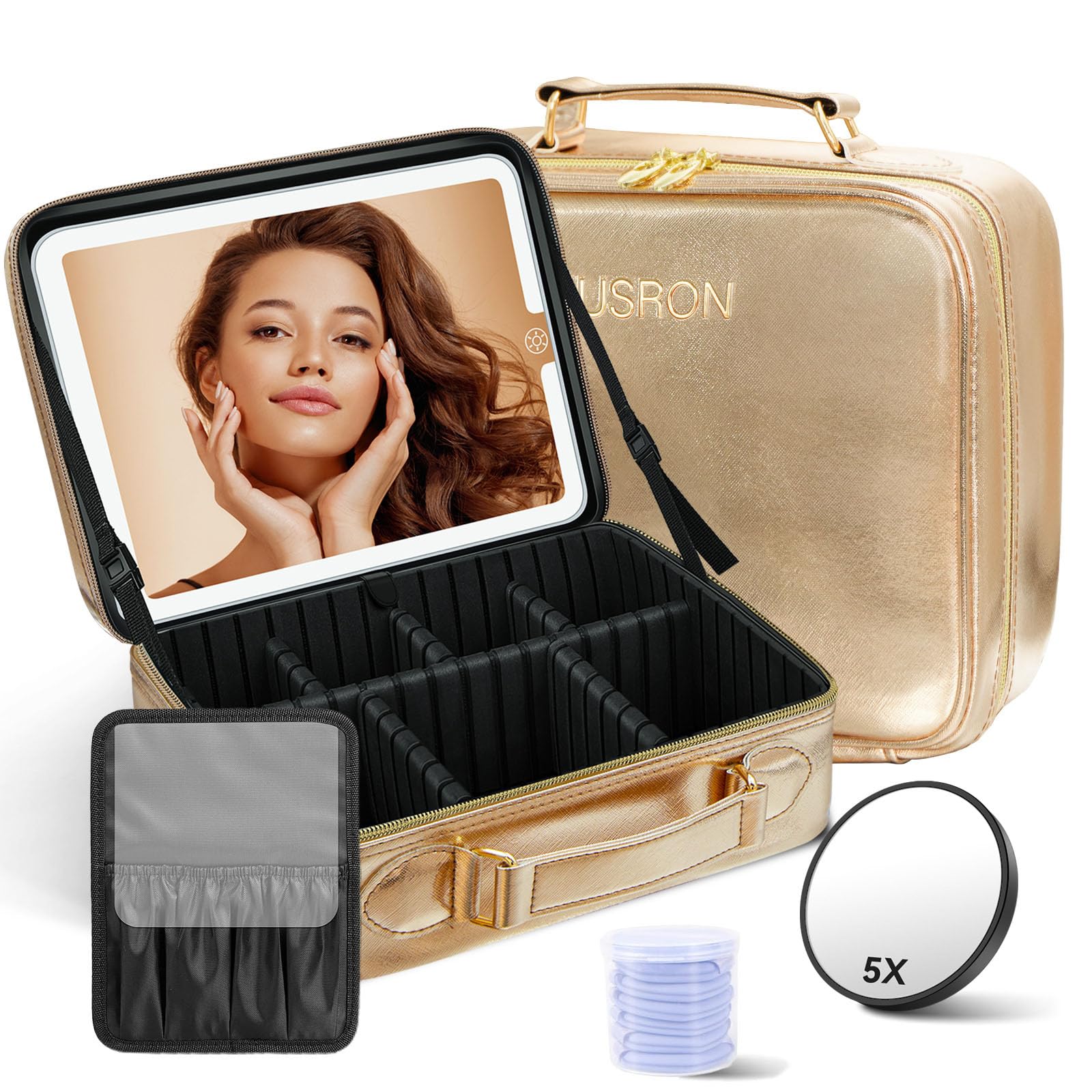 JUSRON Travel Makeup Bag With LED Mirror, Cosmetic Train Case with Light up Mirror, Portable Makeup Artist Organizer Bag with Adjustable Dividers, Makeup Brush Holder Storage (Rose Gold, Large)