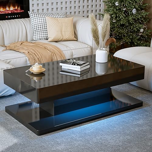 Miniatura 45 de Mesa de centro LED moderna, mesa de centro blanca de alto brillo con luces LED de 16 colores, mesa de centro rectangular contemporánea para sala de
