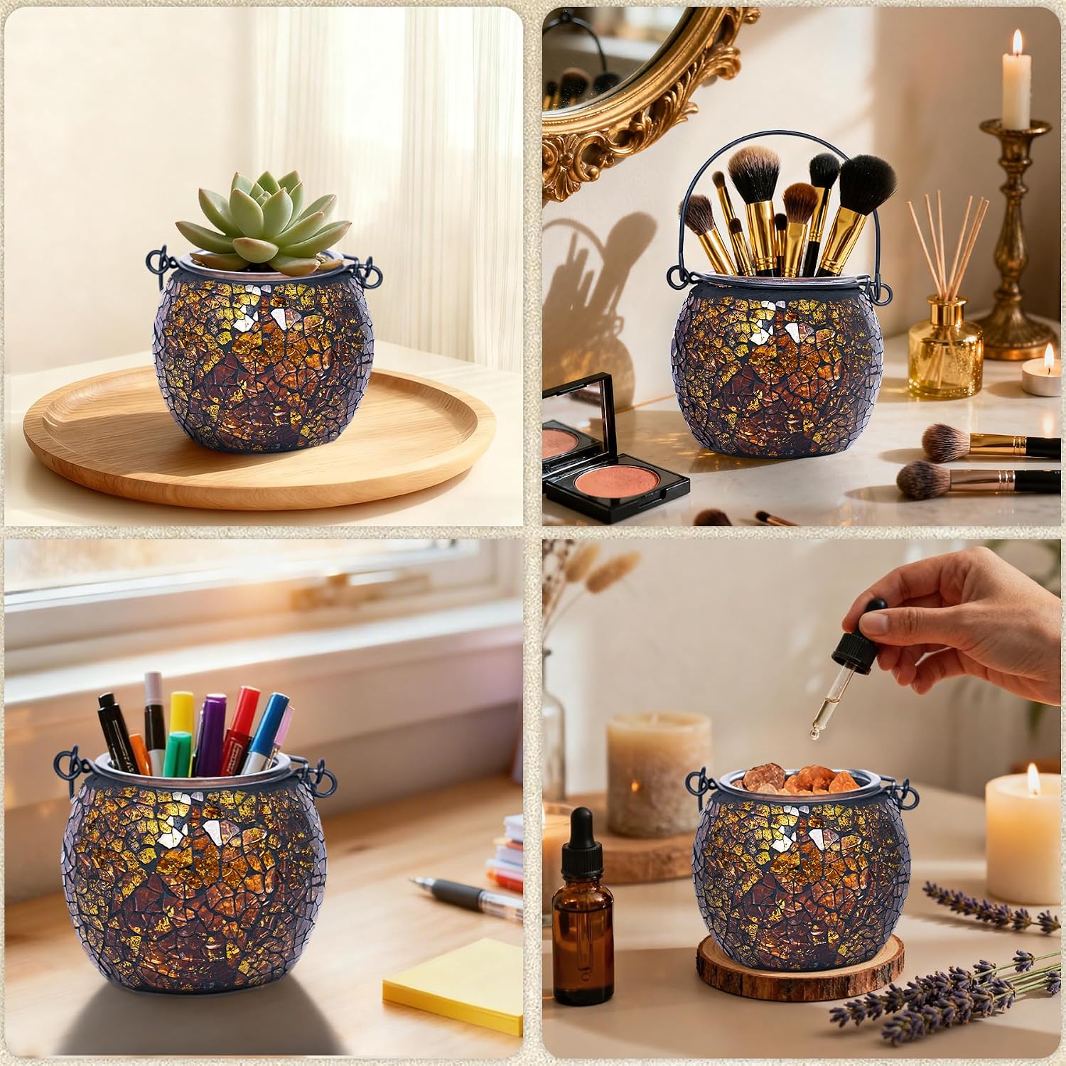 Rancco Candle Holder Mosaic Glass Tea Light Holder, Votive Candle Holders with Handle for Thanksgiving Table Centerpiece Christmas Party Decor,Also Used as Vase,Pen Holder,Potted Plants Bowl (Amber)