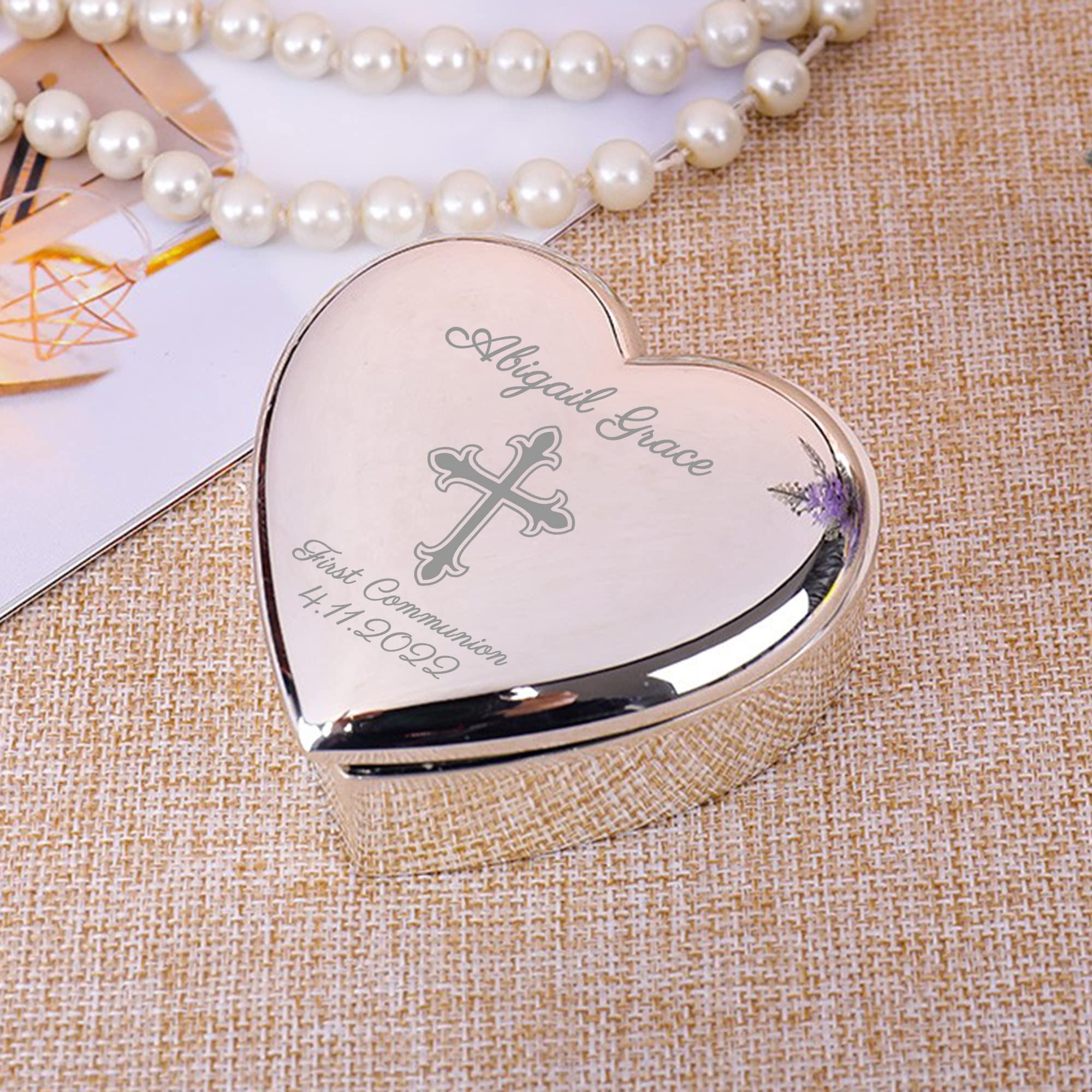 Cooayyaooc First Communion Gift for Girls Personalized Jewelry Keepsake Box Custom Name Date Cross, Girls 1st Communion Gifts First Holy Communion Gifts for Goddaughter Customized Heart Trinket Box