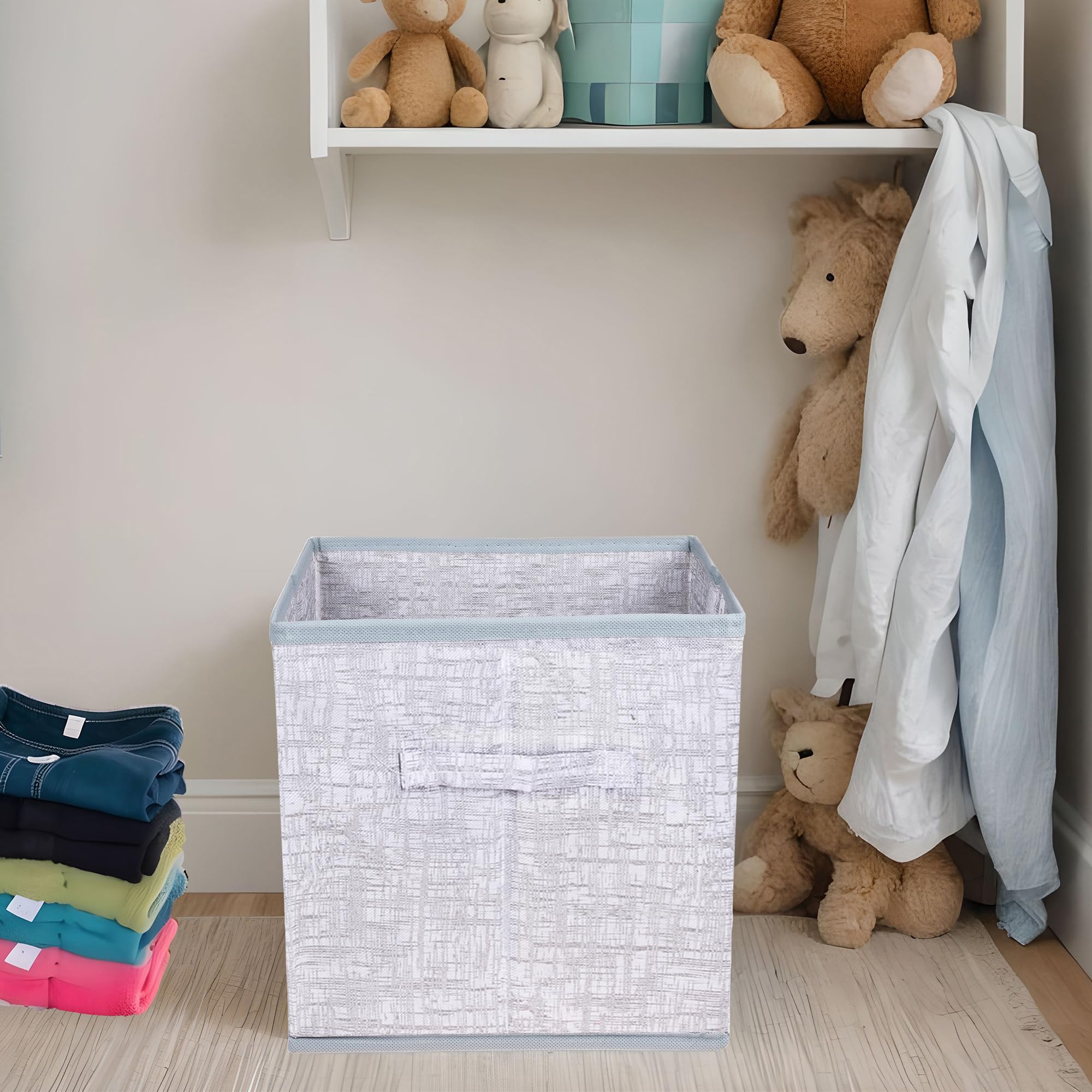 Kuber Industries Grey Storage Box | 12X12 Inch | Square Storage Box | Storage Box For Clothes | Foldable Toys Bins | Closet Storage Basket | Clothes Wardrobe Organizer | Jute Printed |