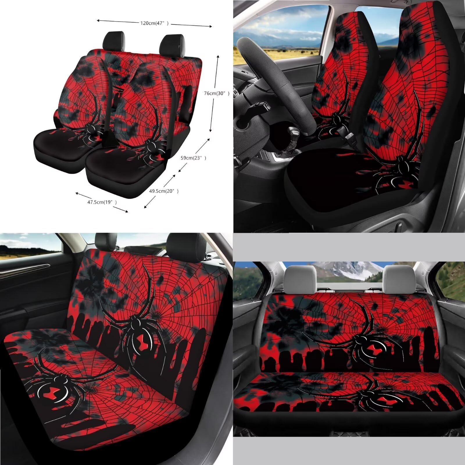 Set di coprisedili per auto, motivo ragnatela, coprisedili anteriori e posteriori, coprivolante, leva del cambio + copribracciolo, cuscinetti per cinture di sicurezza, pattumiera